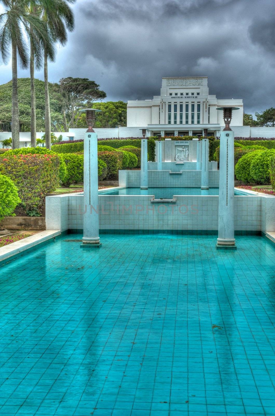 An HDR image of the Laie Hawaii Mormon Temple taken on the Island of Oahu