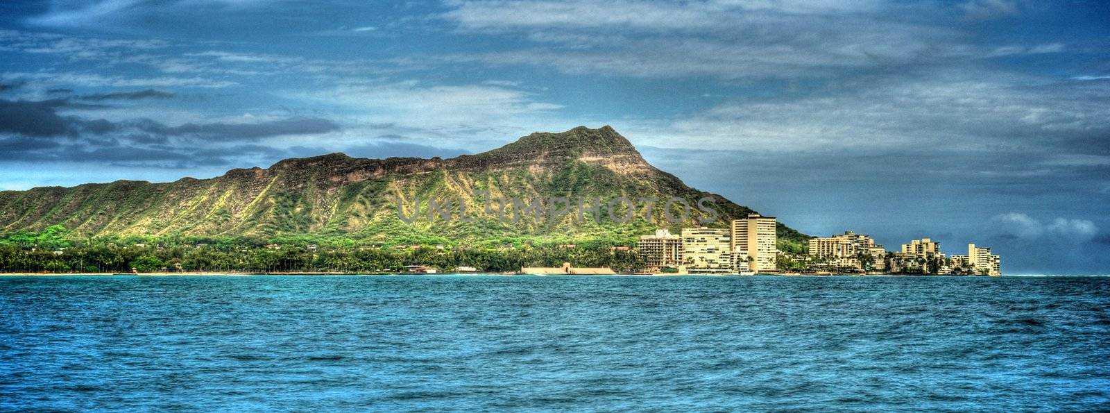 A panoramic HDR shot of the Hotels along the coast of the Diamond Head crater on Oahu, Hawaii