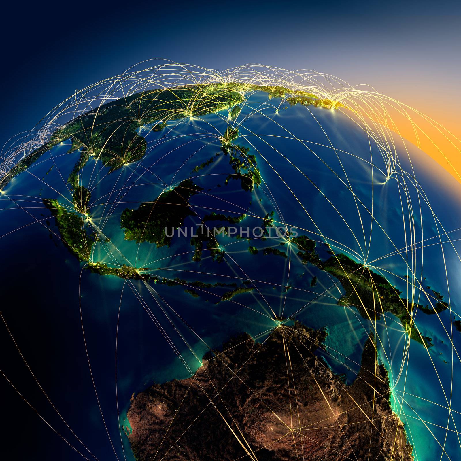 Highly detailed planet Earth at night with embossed continents, illuminated by light of cities, translucent and reflective ocean. Earth is surrounded by a luminous network, representing the major air routes based on real data