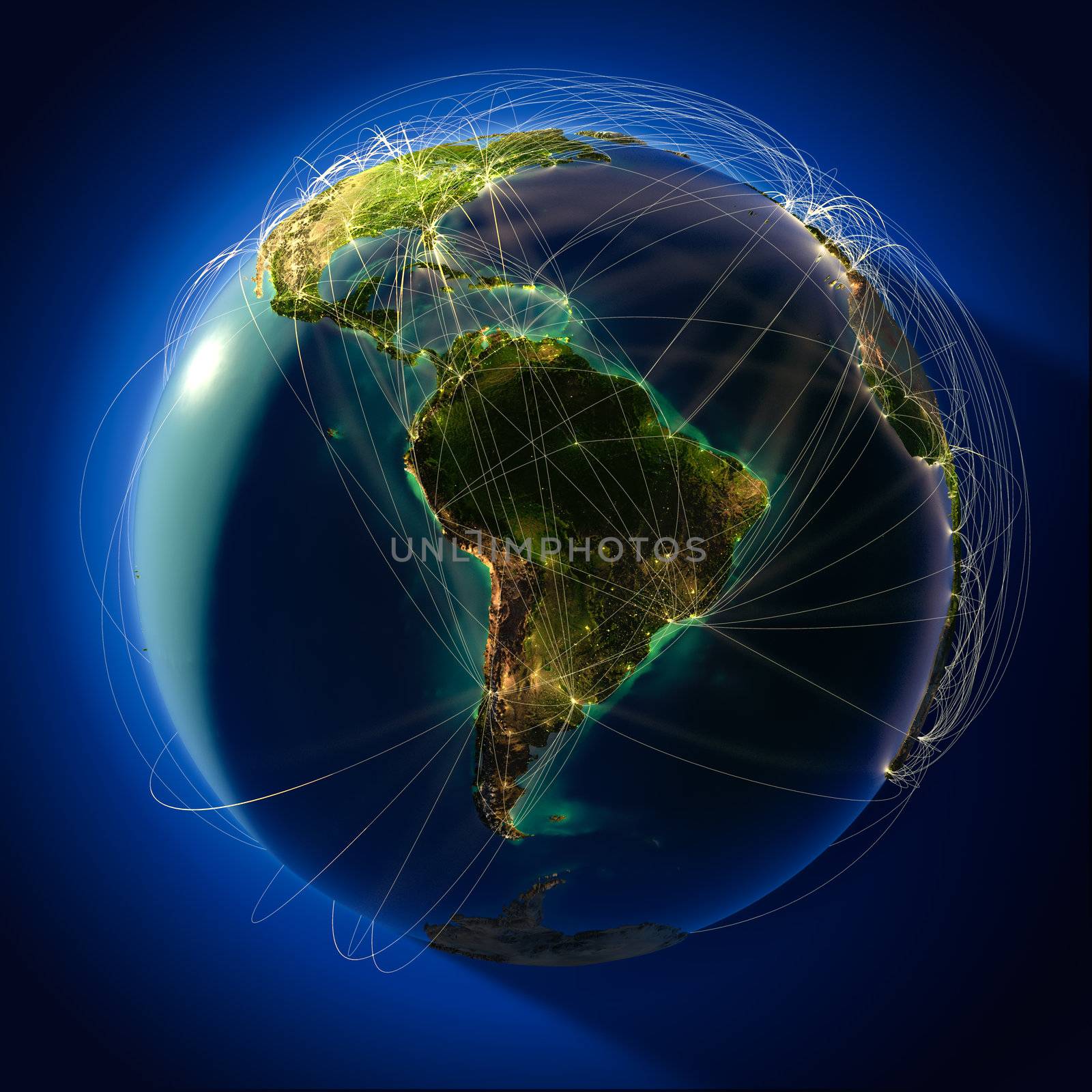 Highly detailed planet Earth at night, lit from behind the evening sun, with embossed continents, illuminated by light of cities, translucent and reflective ocean. Earth is surrounded by a luminous network, representing the major air routes based on real data