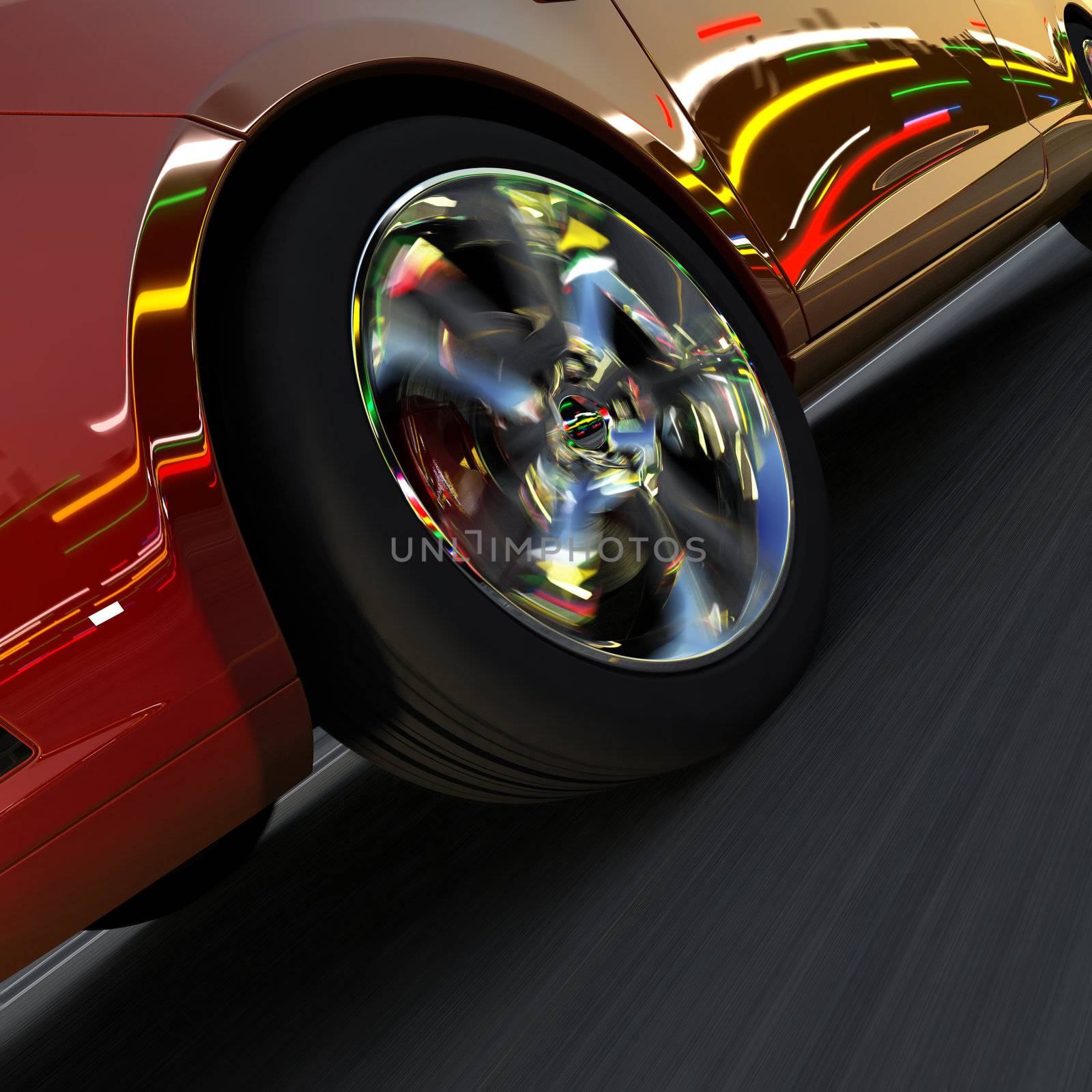 A fragment of a dynamic racing car. On the surface of the car and light-alloy wheels reflect the dynamic lights of evening city