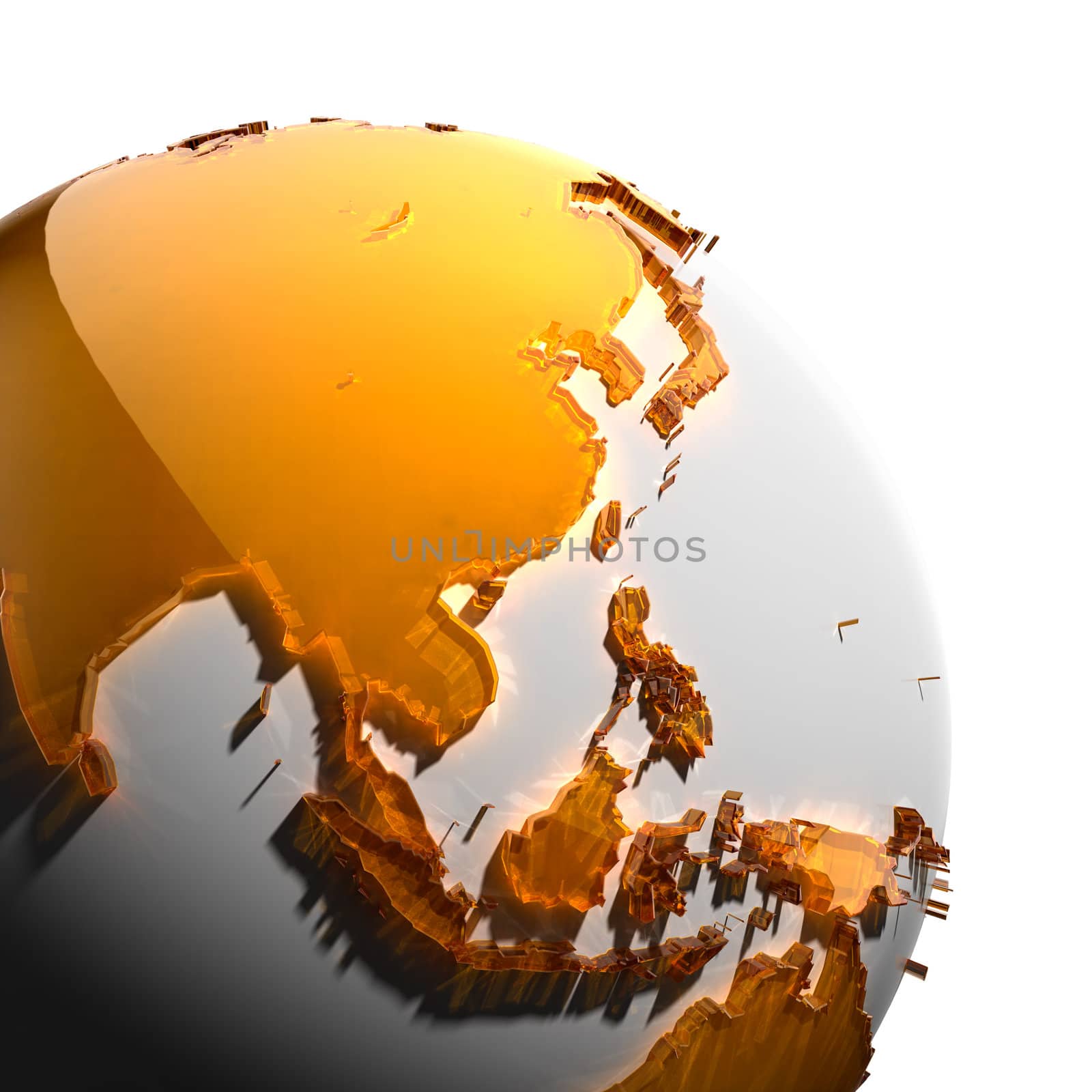 A fragment of the globe with the continents of thick faceted amber glass, which falls on hard light, creating a caustic glare on faces. Isolated on white background