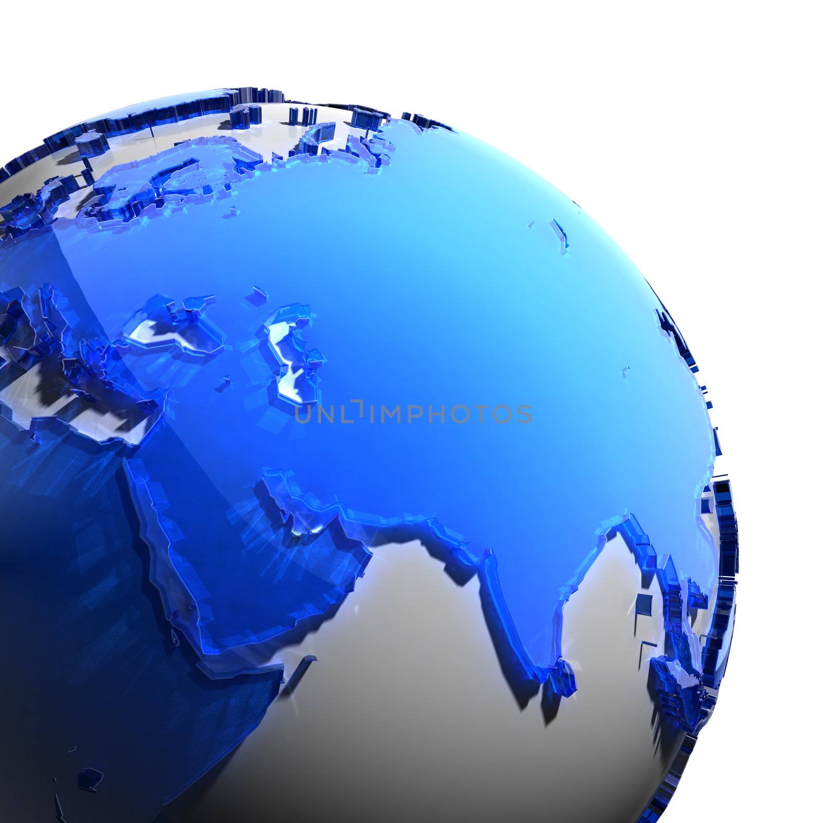 A fragment of the globe with the continents of thick faceted blue glass, which falls on hard light, creating a caustic glare on faces. Isolated on white background