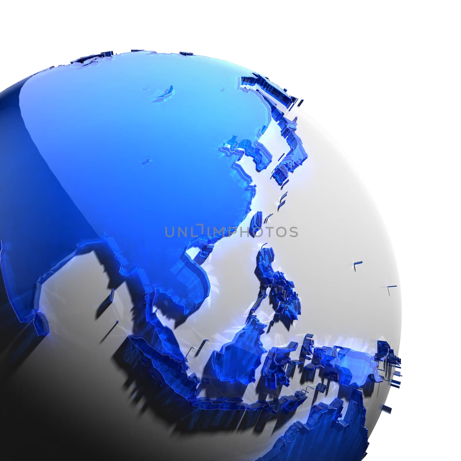 A fragment of the globe with the continents of thick faceted blue glass, which falls on hard light, creating a caustic glare on faces. Isolated on white background