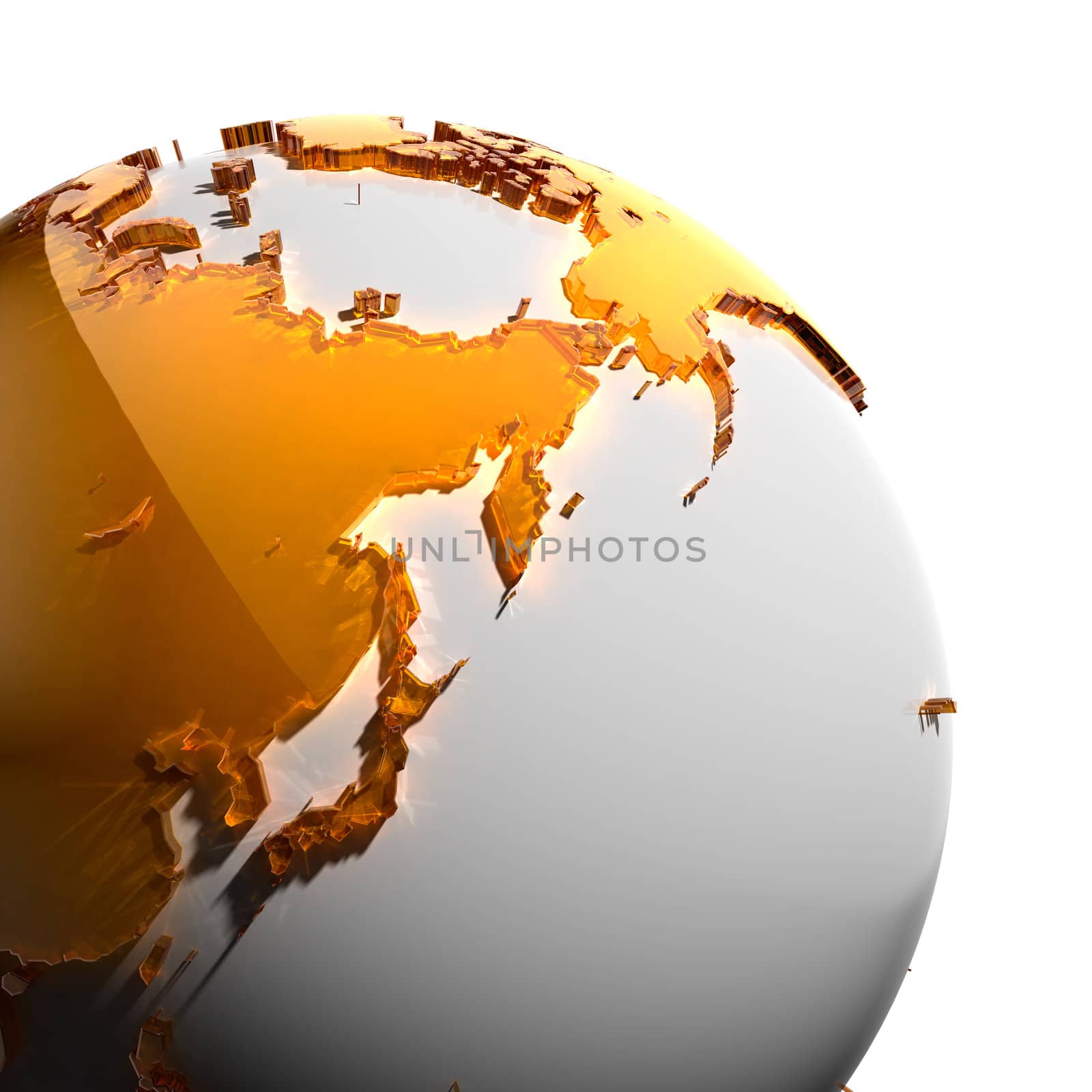 A fragment of the globe with the continents of thick faceted amber glass, which falls on hard light, creating a caustic glare on faces. Isolated on white background