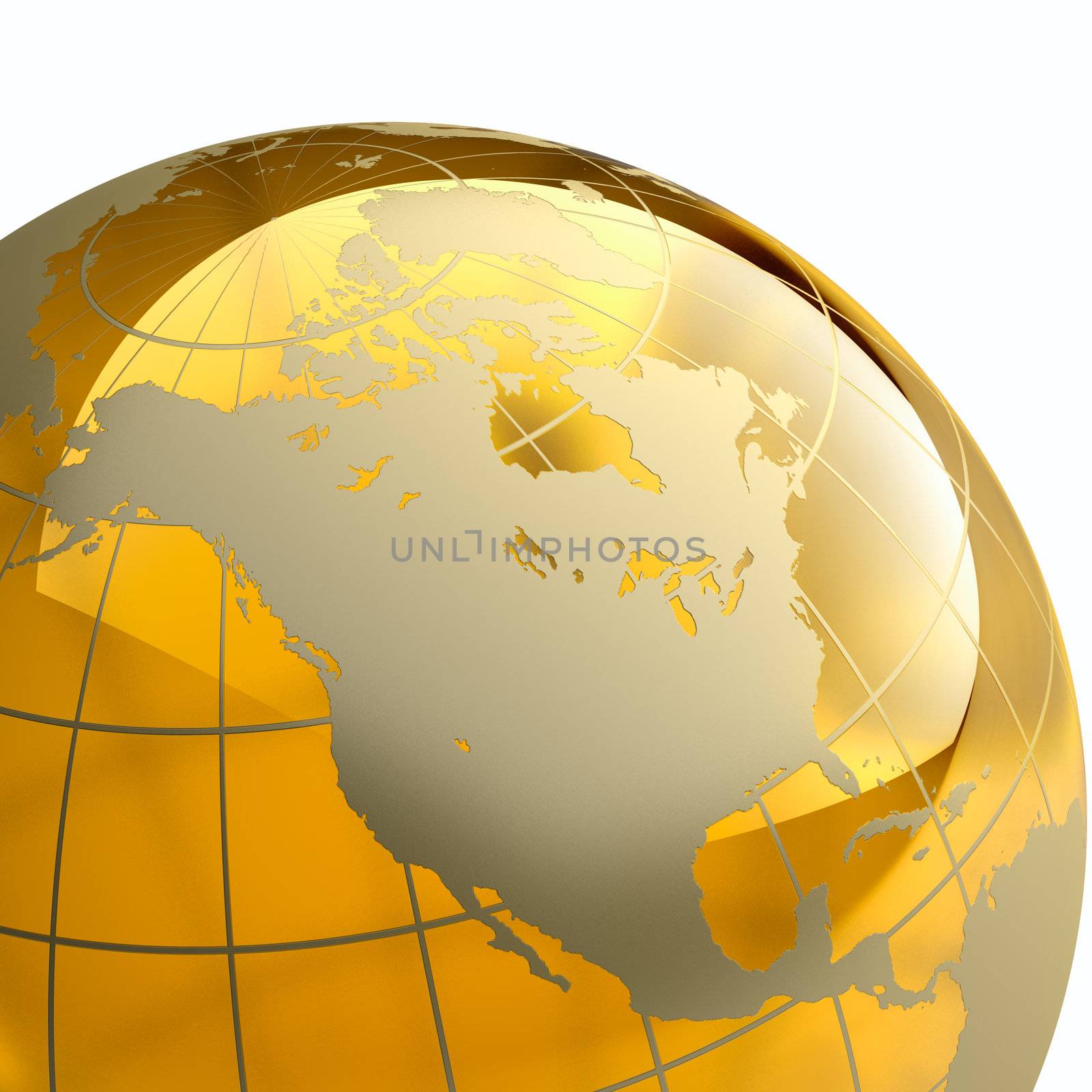 Amber globe with golden continents on white background. Detail