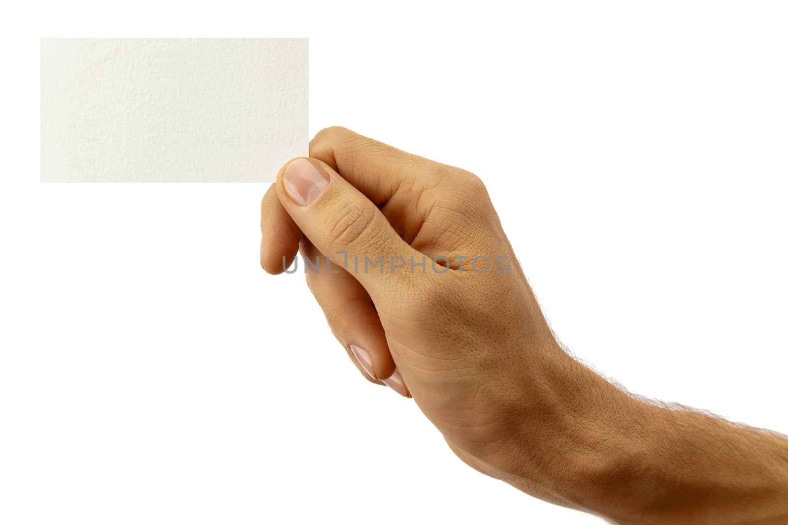 The hand of man shows a business card. Isolated on white