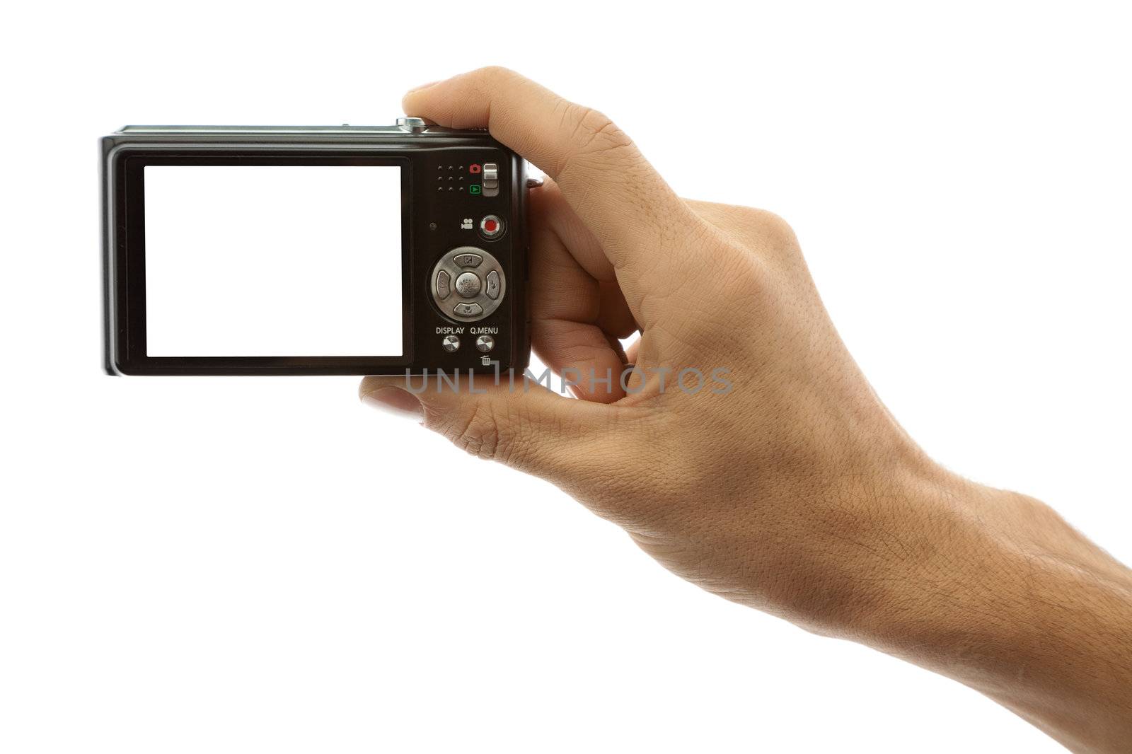 Hand of a man holding a digital camera on a white background
