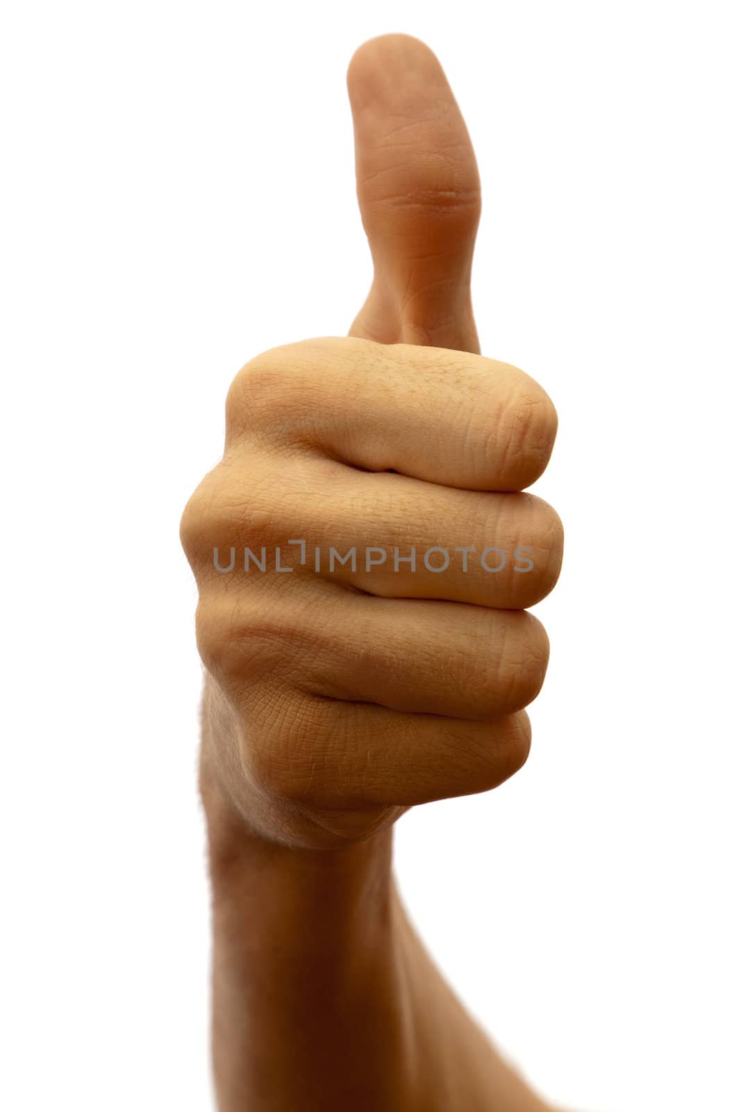 Man's hand with thumb up on a white background