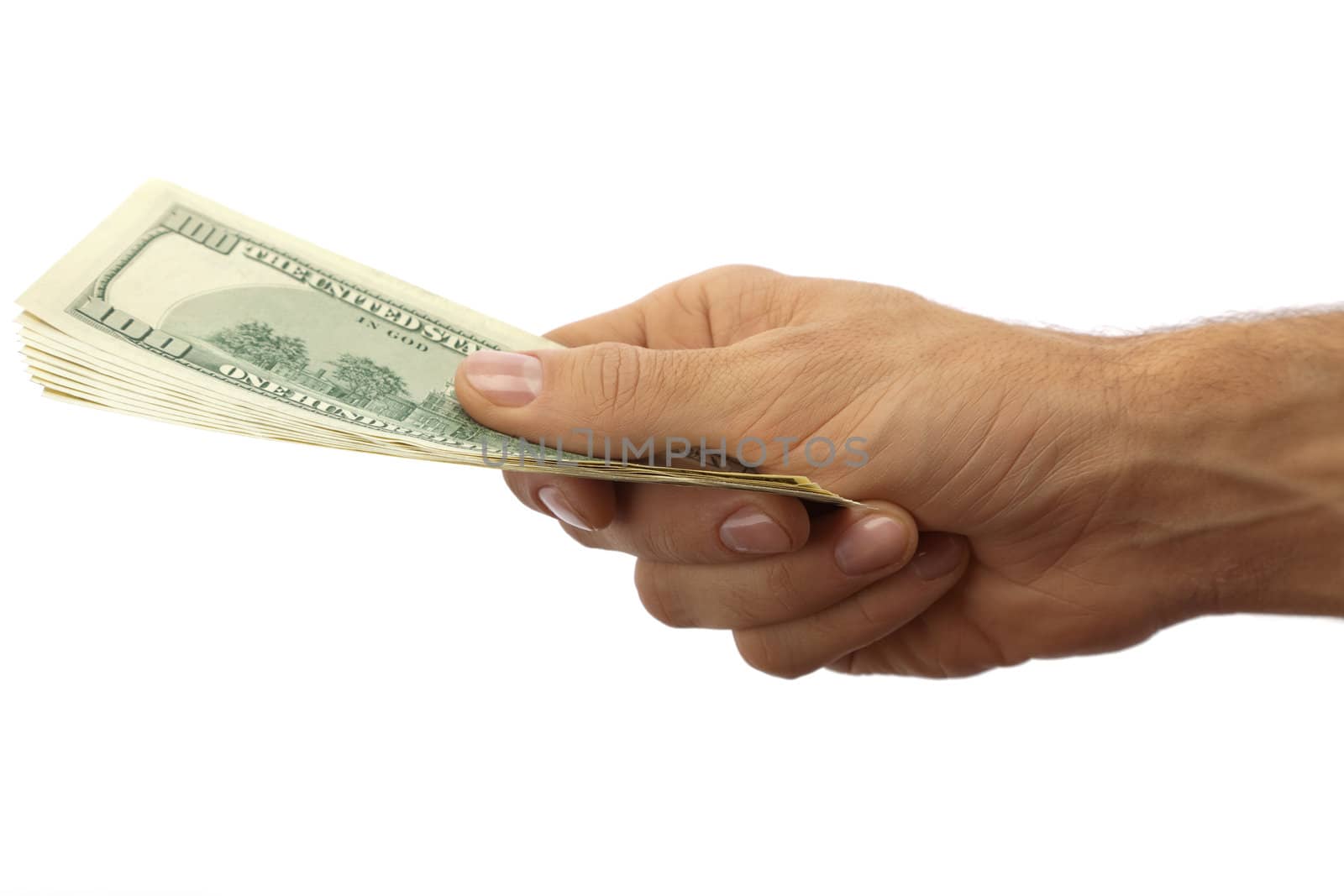Pack of dollars in the men's hand. Isolated on white