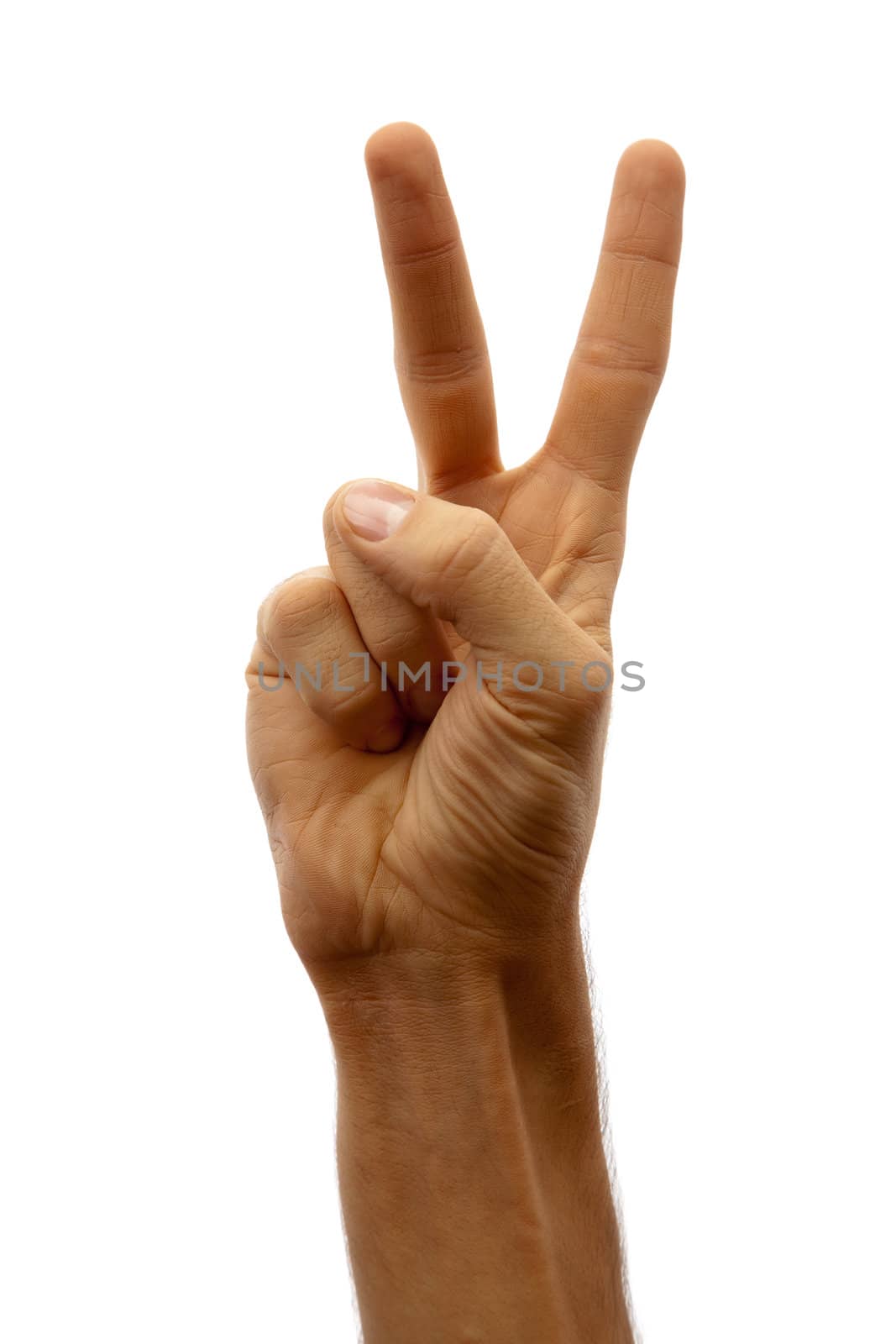 The hand of man shows two fingers on a white background