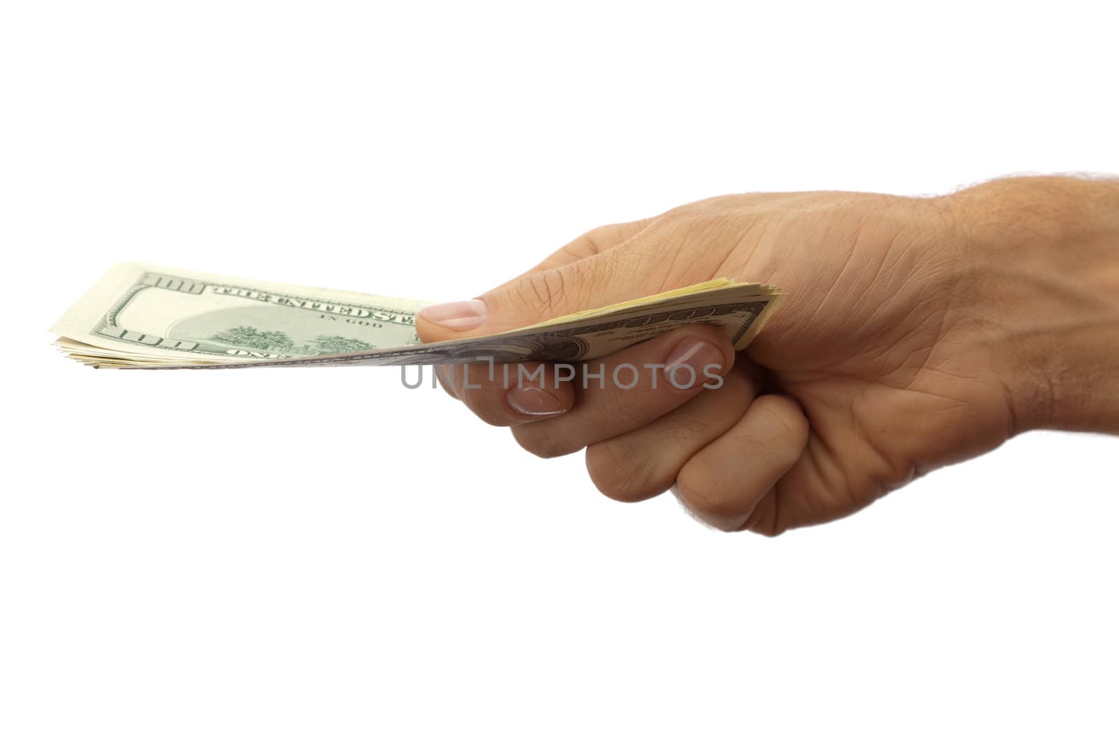 Pack of dollars in the men's hand. Isolated on white