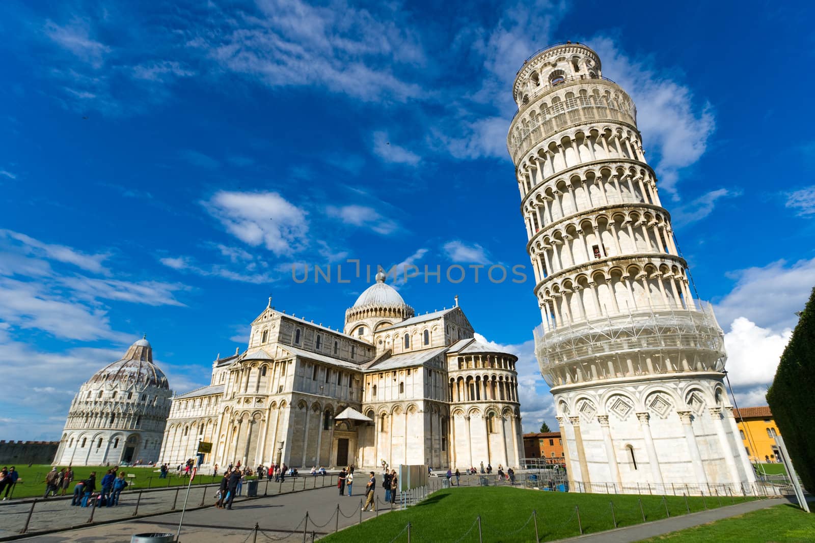 Piazza dei miracoli, with the Basilica and the leaning tower. Pisa, Italy