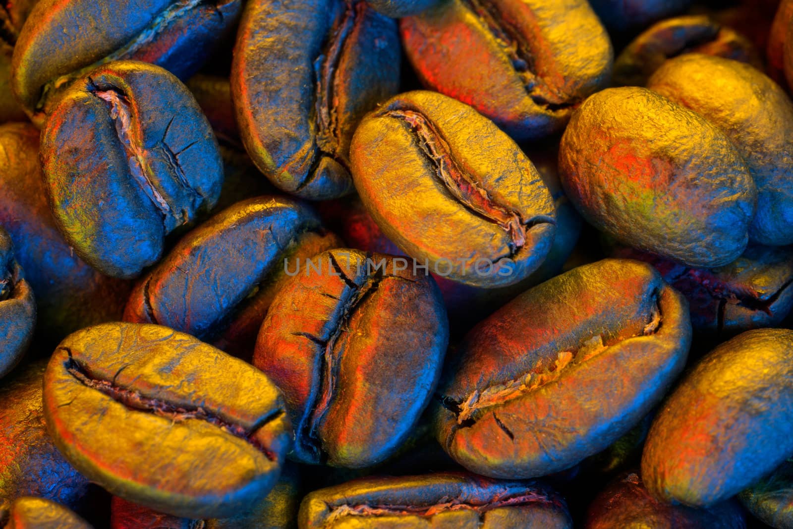 Macro of coffee beans with the effect of colored light, creating a mysterious atmosphere of the drink