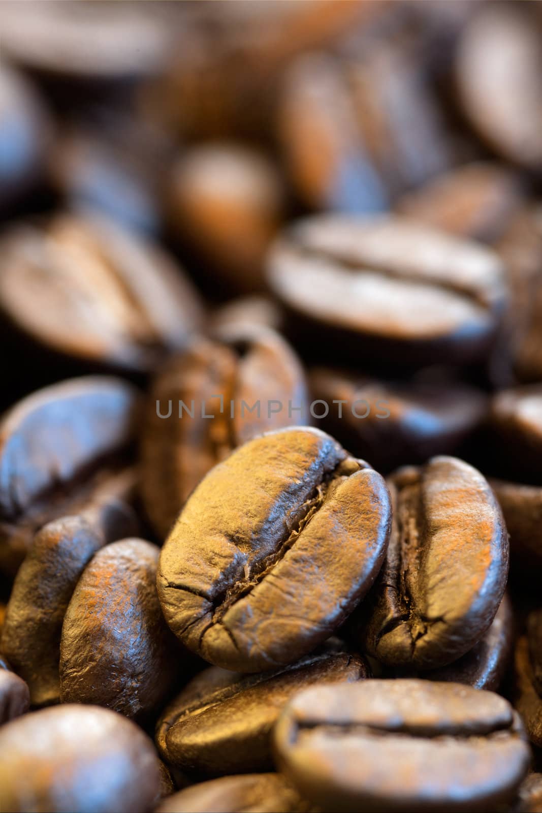 Close-up coffee beans, lit with warm light