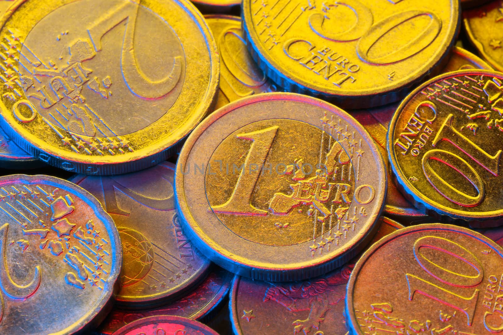 Several Euro coins photographed in close-up macro lens