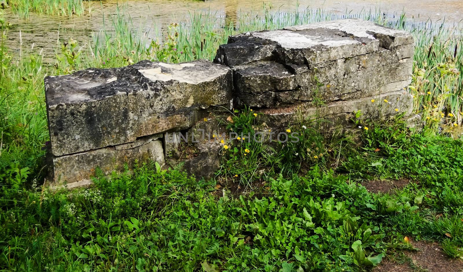 ruins on the lake in the park