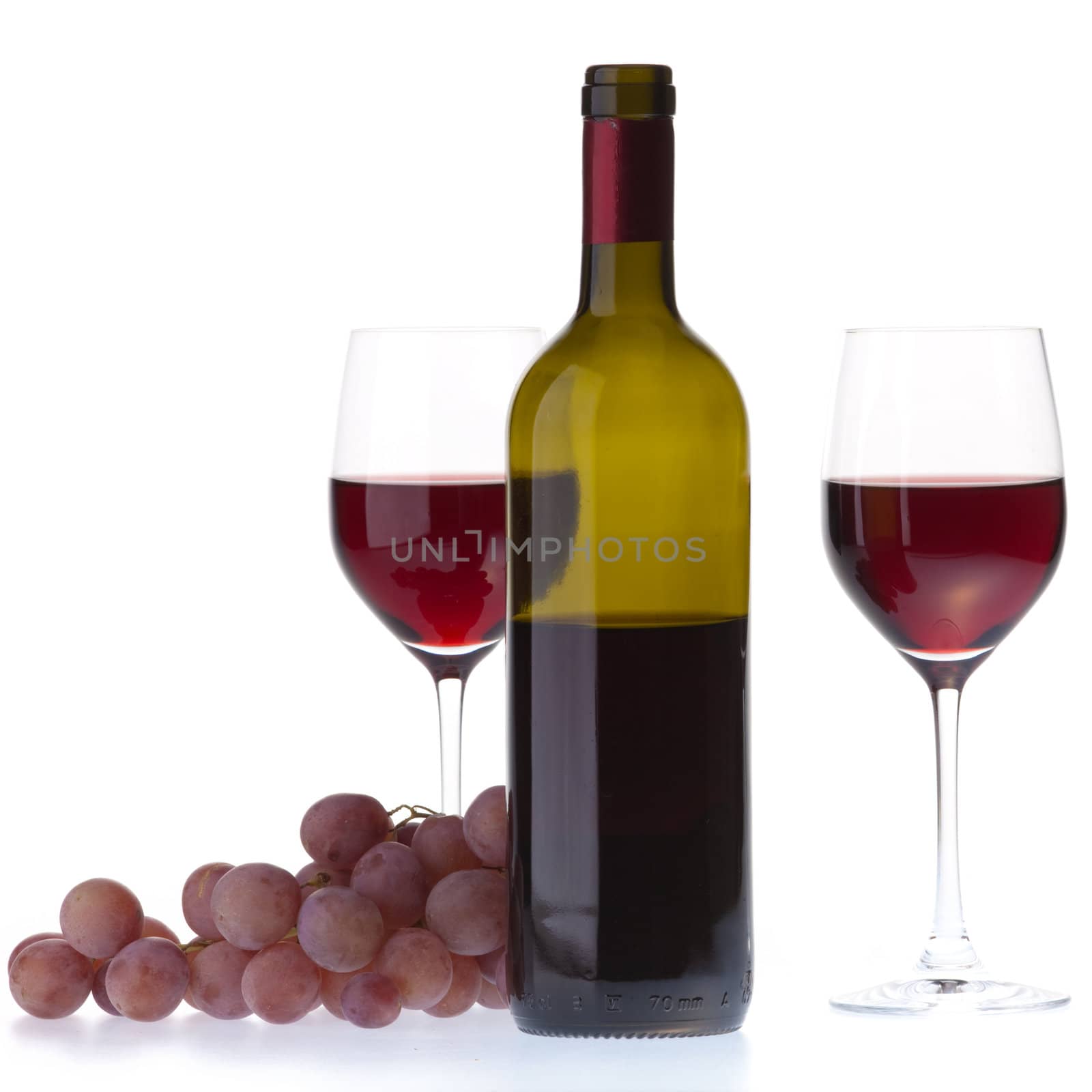 Still life of two wine glasses, grapes and a bottle. Isolated on white background