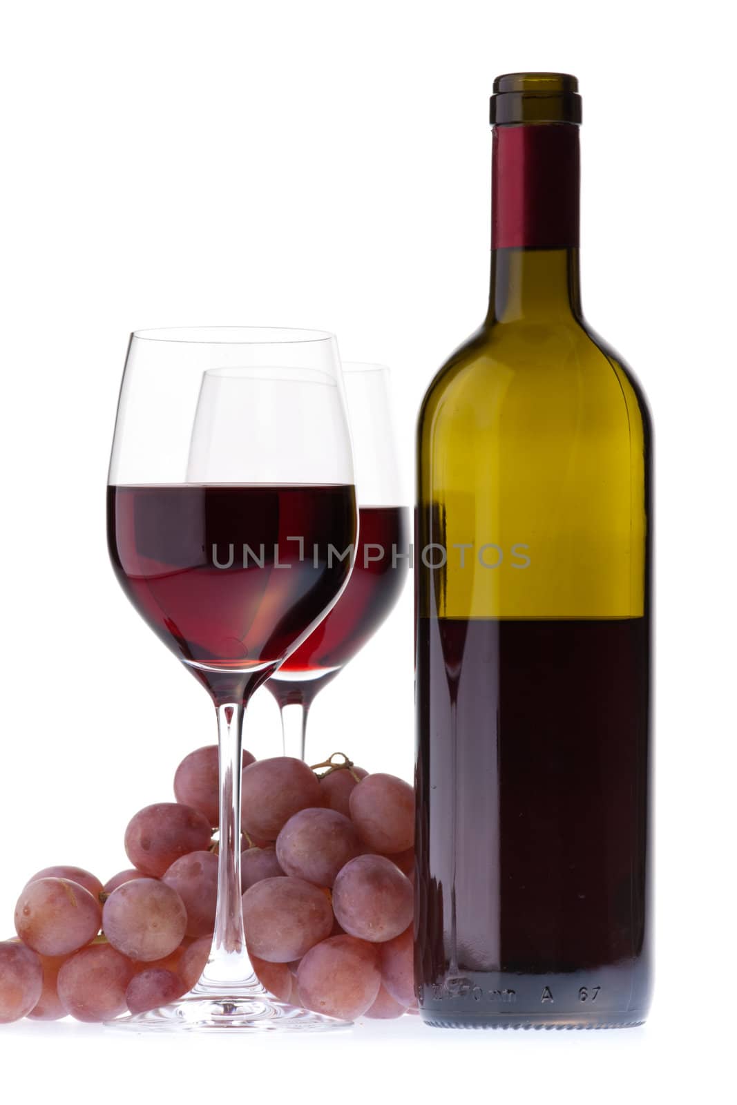 Still life of two wine glasses, grapes and a bottle. Isolated on white background