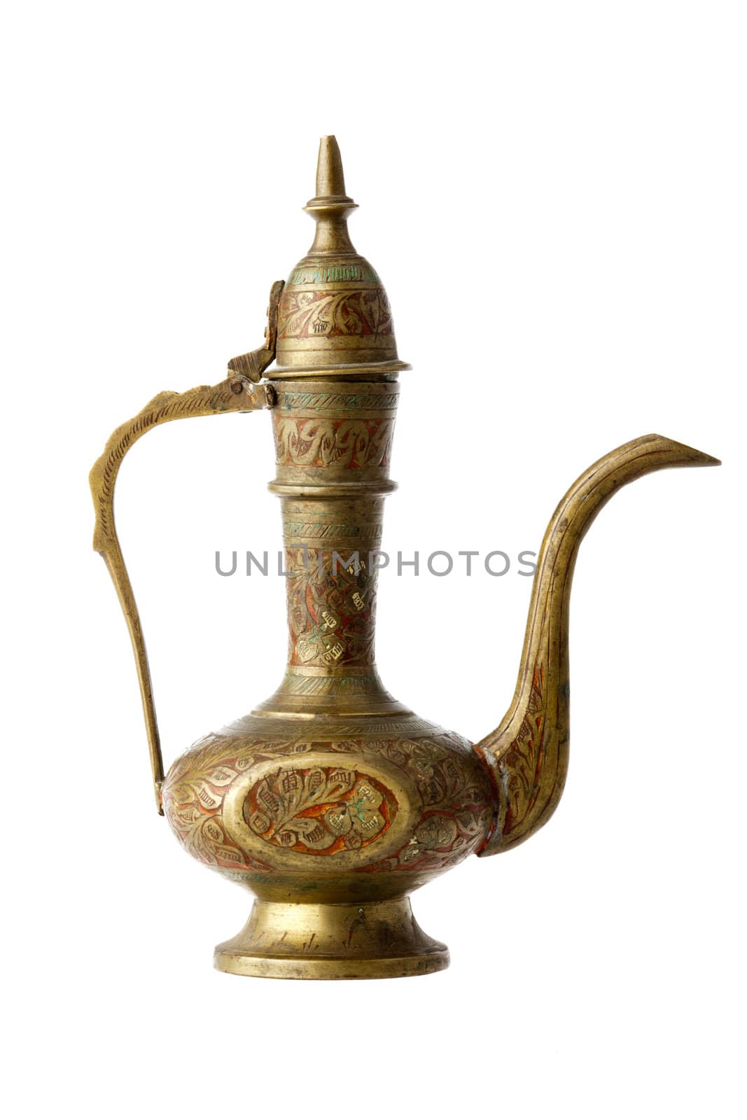 Indian small carved bronze teapot, isolated on white