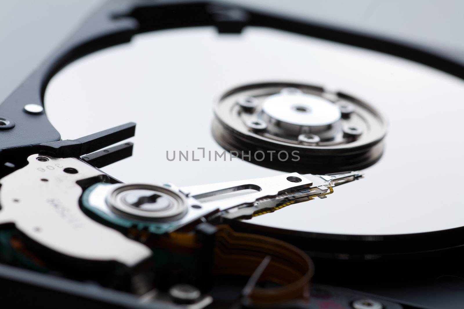 Hard drive for your computer without the top cover. Photo taken close-up