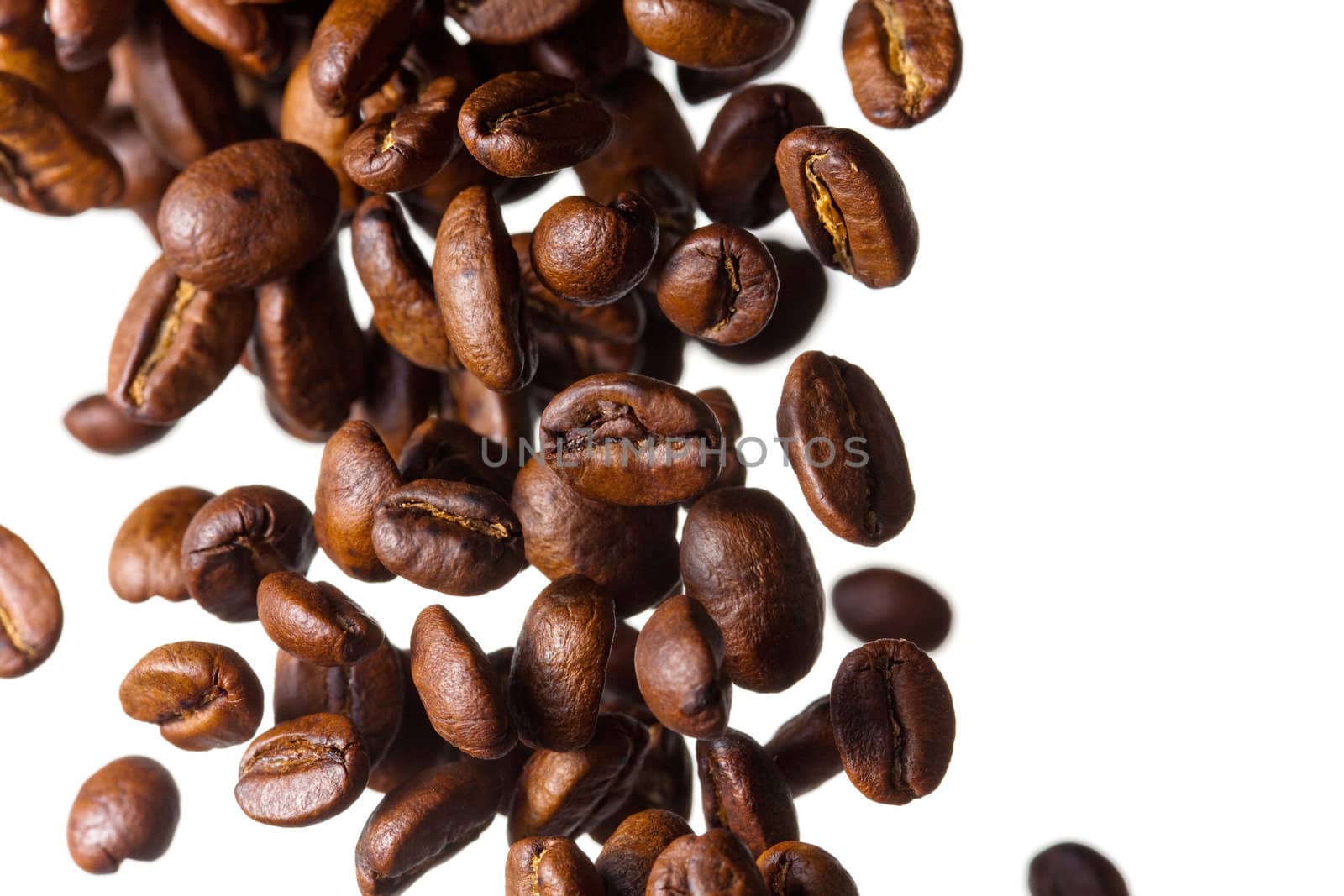 Coffee beans fall on a white background, the grain in the background are blurred out of focus