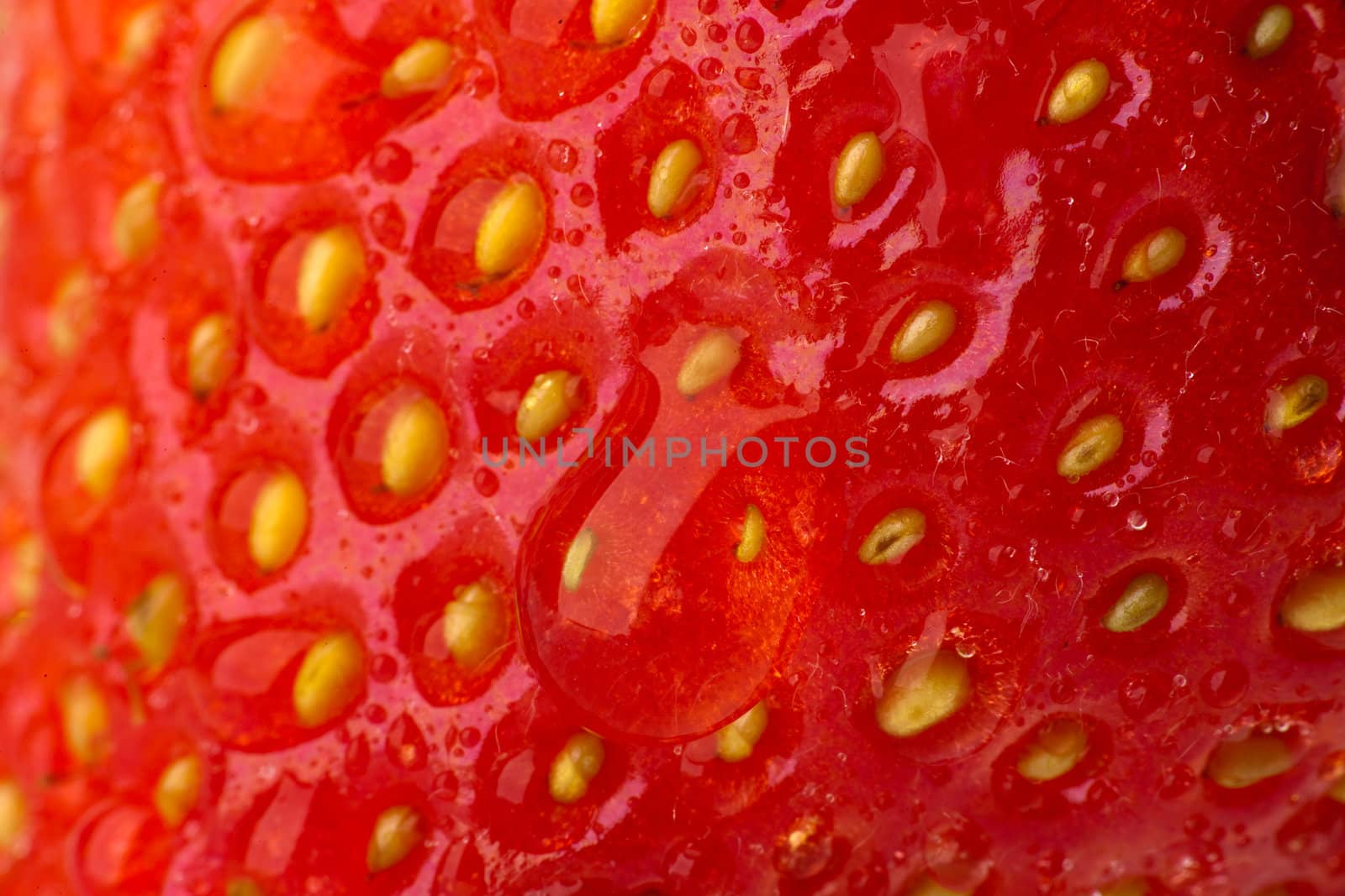 Very close-up of strawberries with drops of dew