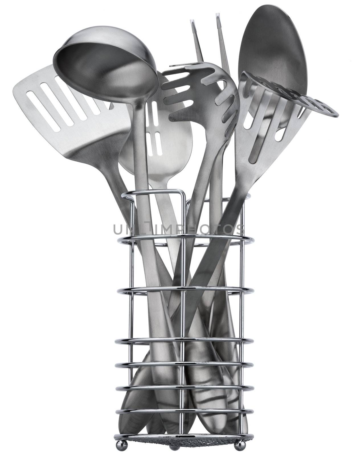 A set of chrome-plated kitchen utensils in a metallic glass