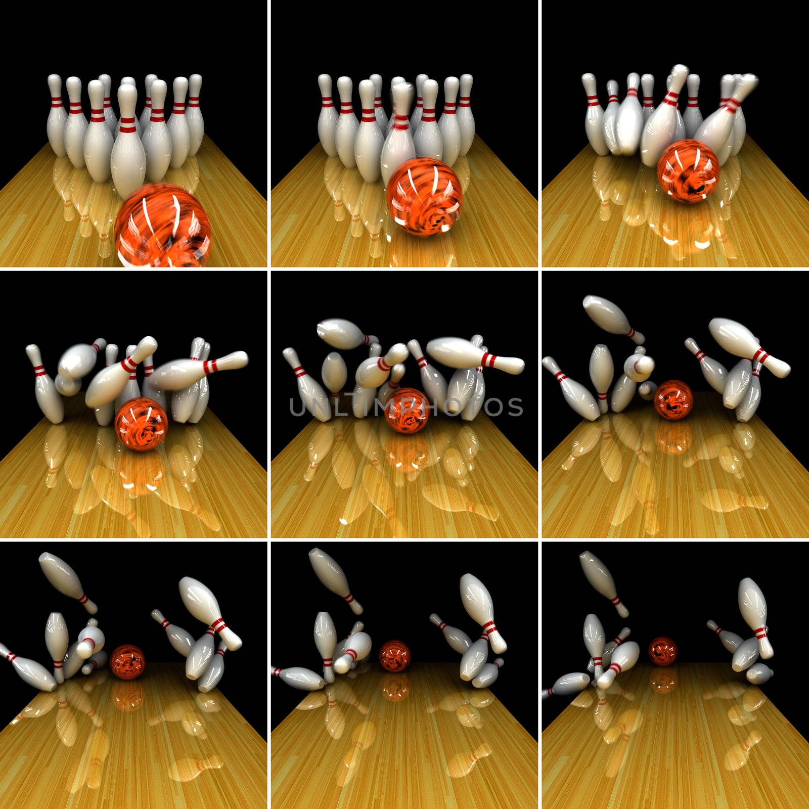 Orange ball does strike! Physically correct simulation of swirling strike in bowling with the real 3D motion blur on