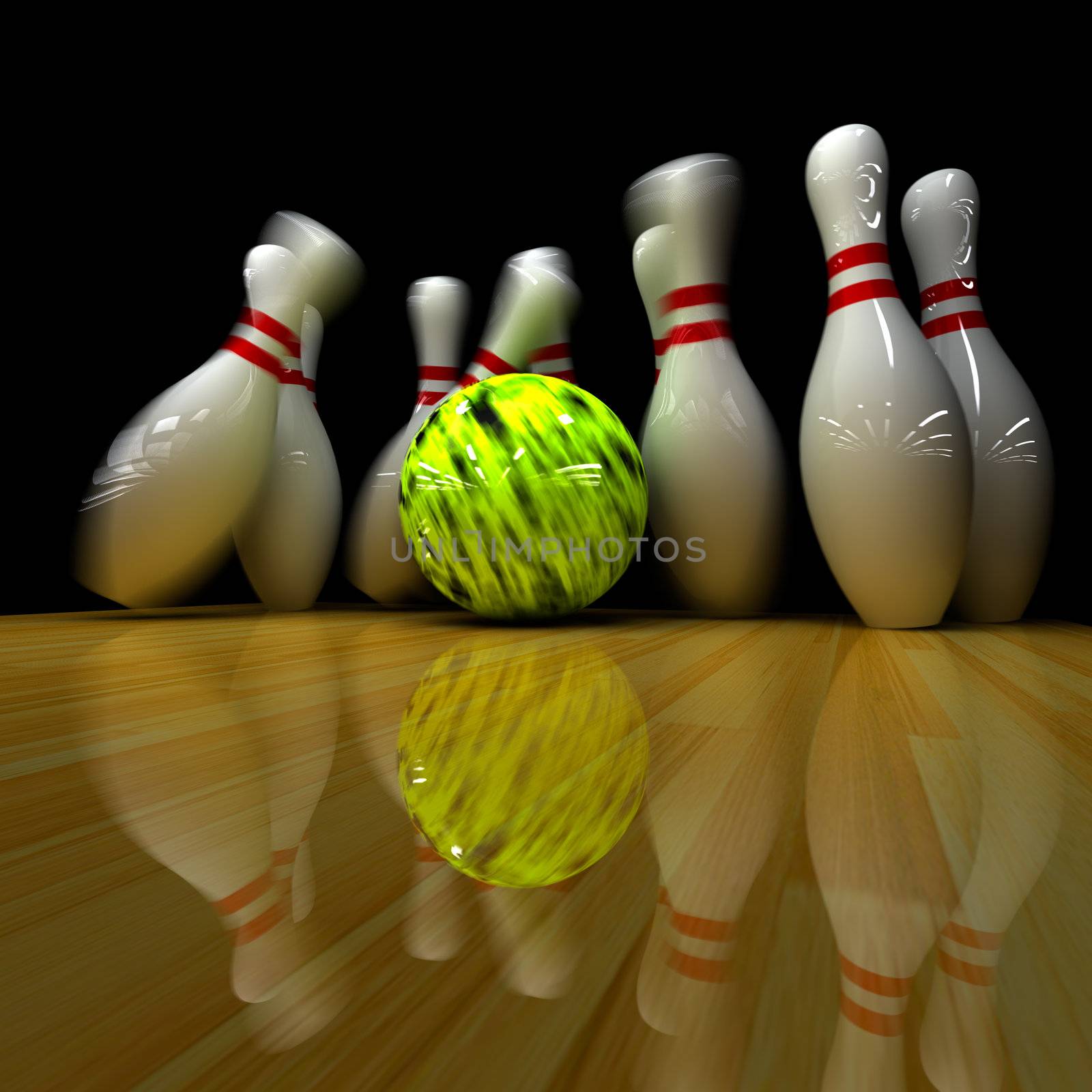Yellow ball does strike! Physically correct simulation of swirling strike in bowling with the real 3D motion blur on