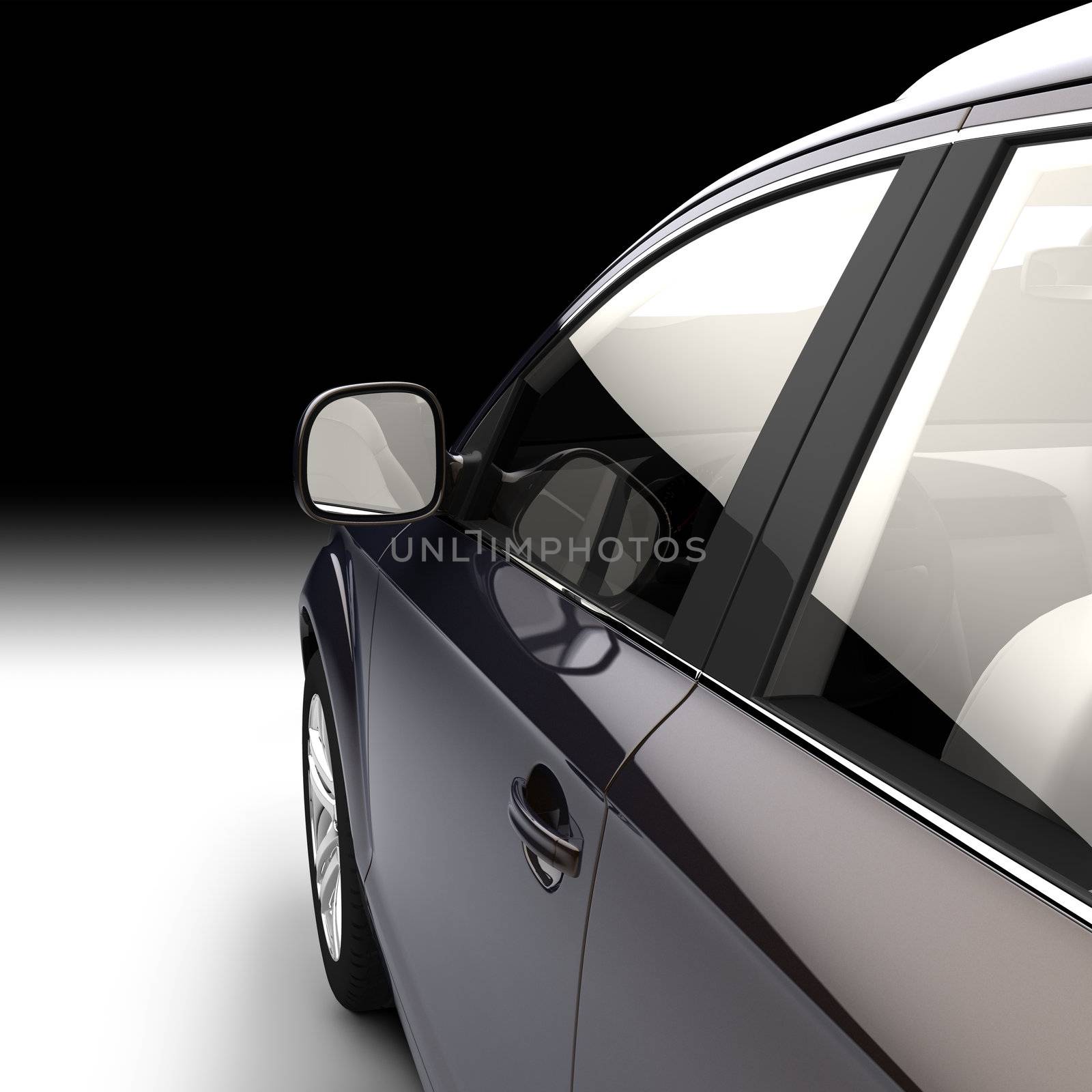 Detail of a modern car in a studio in the direction of motion from the side of the driver's door