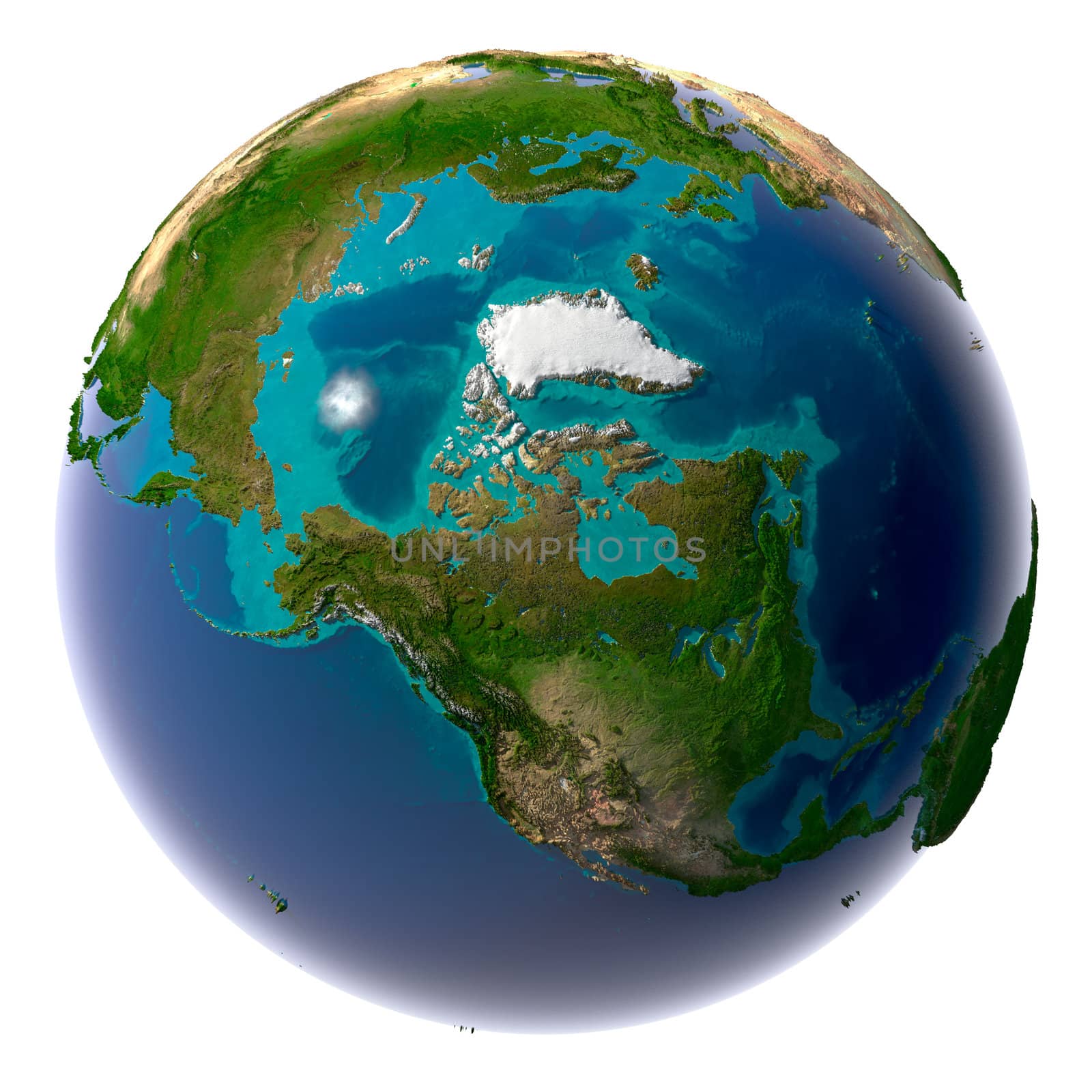 Earth with translucent water in the oceans and the detailed topography of the continents