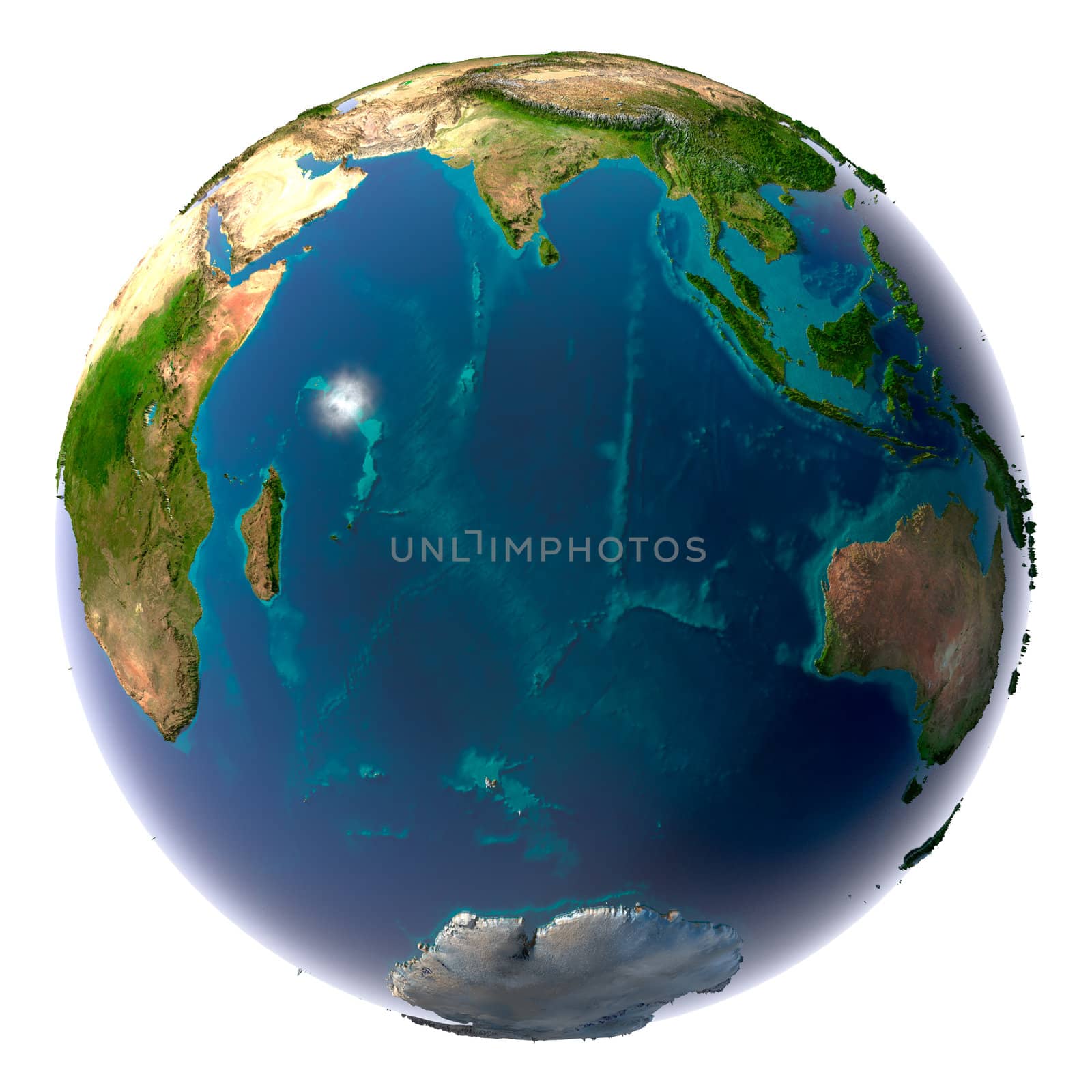 Earth with translucent water in the oceans and the detailed topography of the continents. Indian Ocean