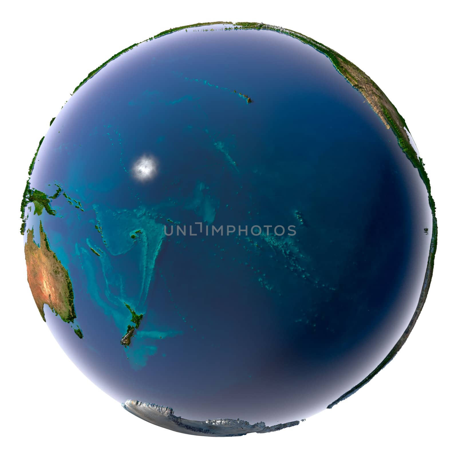 Earth with translucent water in the oceans and the detailed topography of the continents. Pacific Ocean