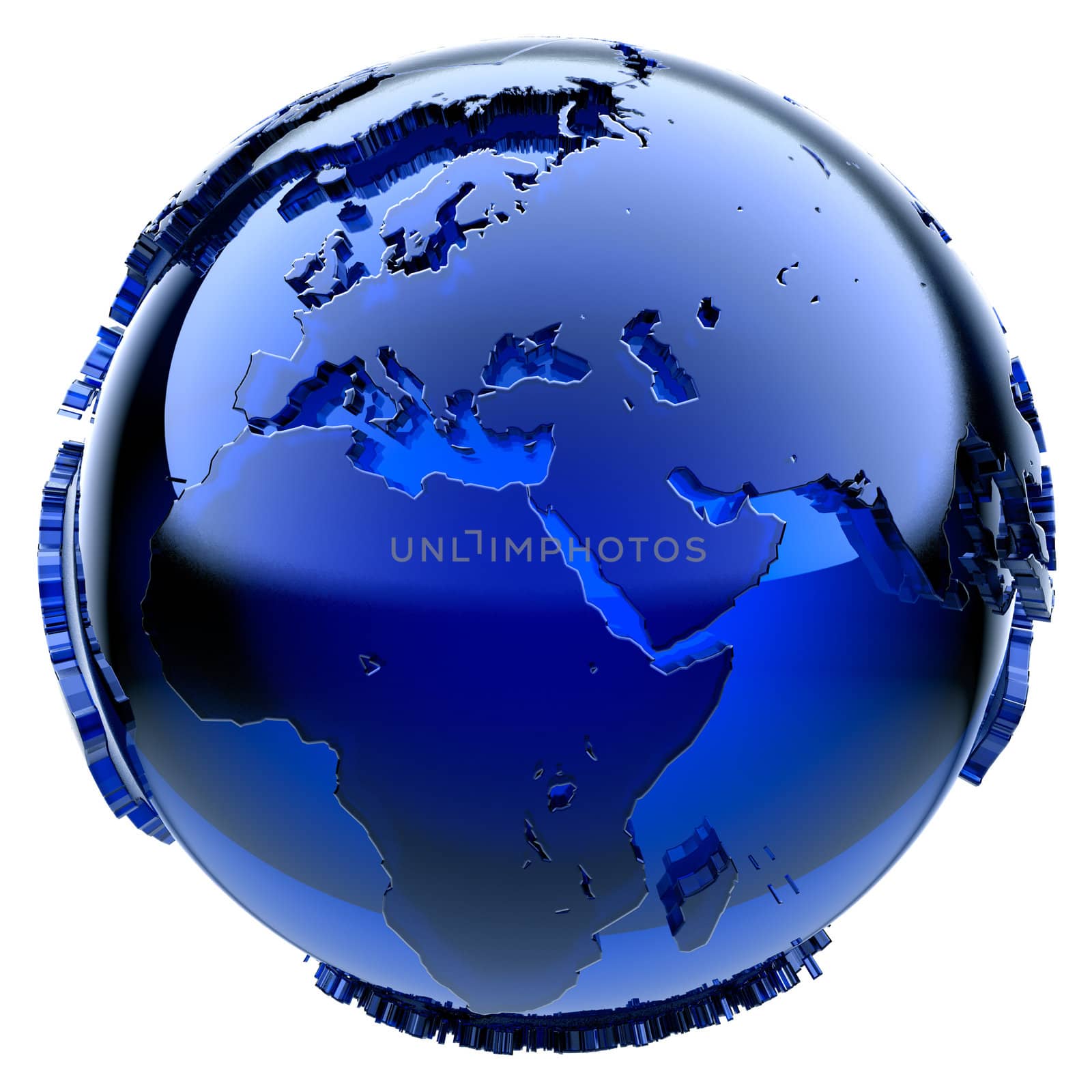 Blue glass globe with frosted continents a little stand out from the water surface
