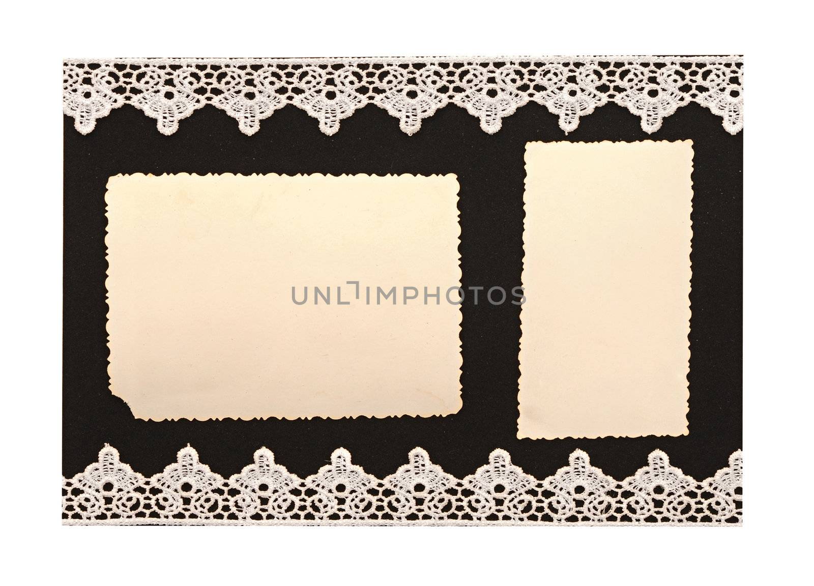 Retro background or greeting card with old photo and lacy border