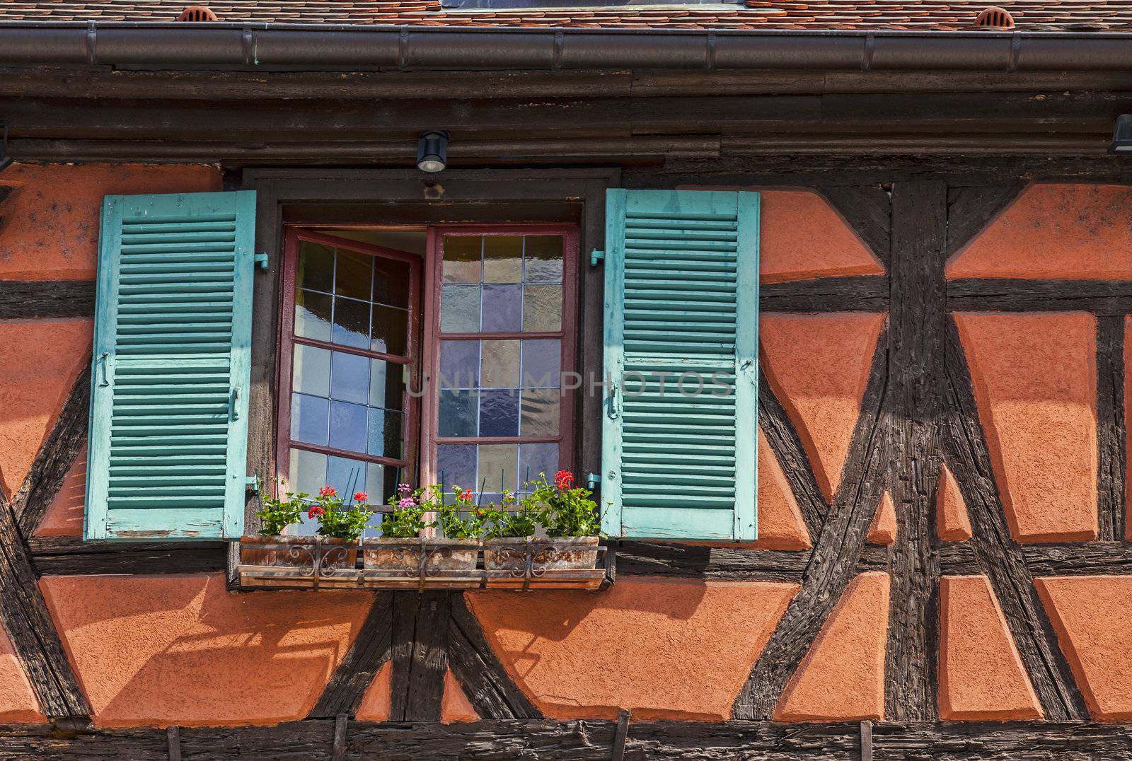 Detail of a specific half-timbered Alsatian house.