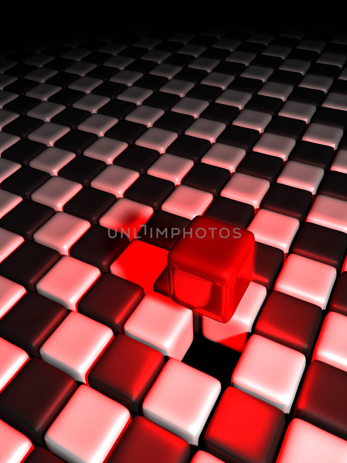 Red cube alone above many black and white cubes by shkyo30