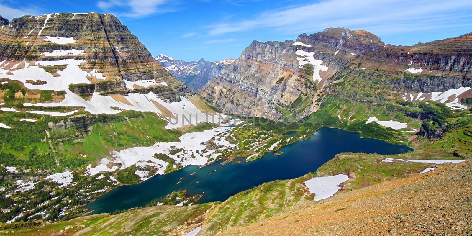 Hidden Lake and alpine scenery of Glacier National Park seen from elevation.