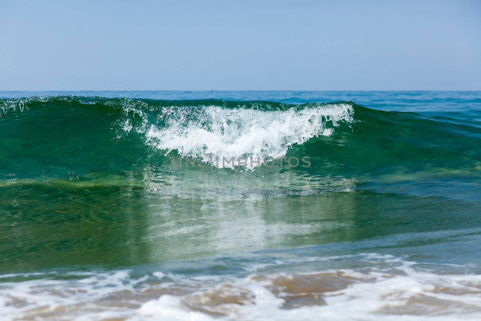 Foam coastal wave rolled on the sandy shore