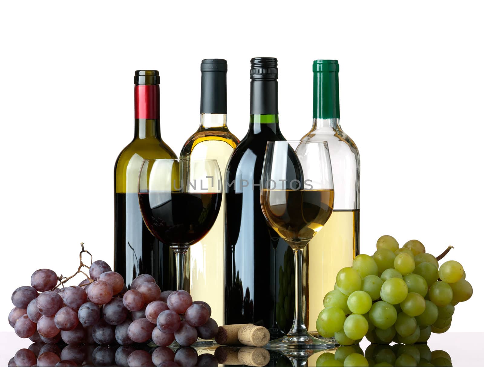 Several bottles of white and red wine, two glasses and grapes isolated on white background