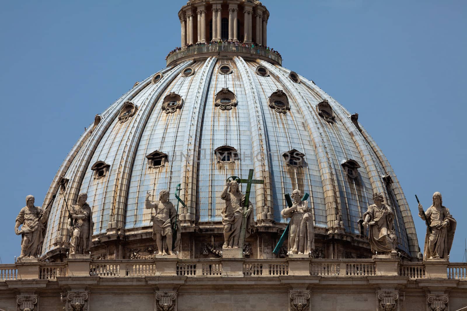 Detail of the front of St Peters basilica in Vatican City, Rome Italy