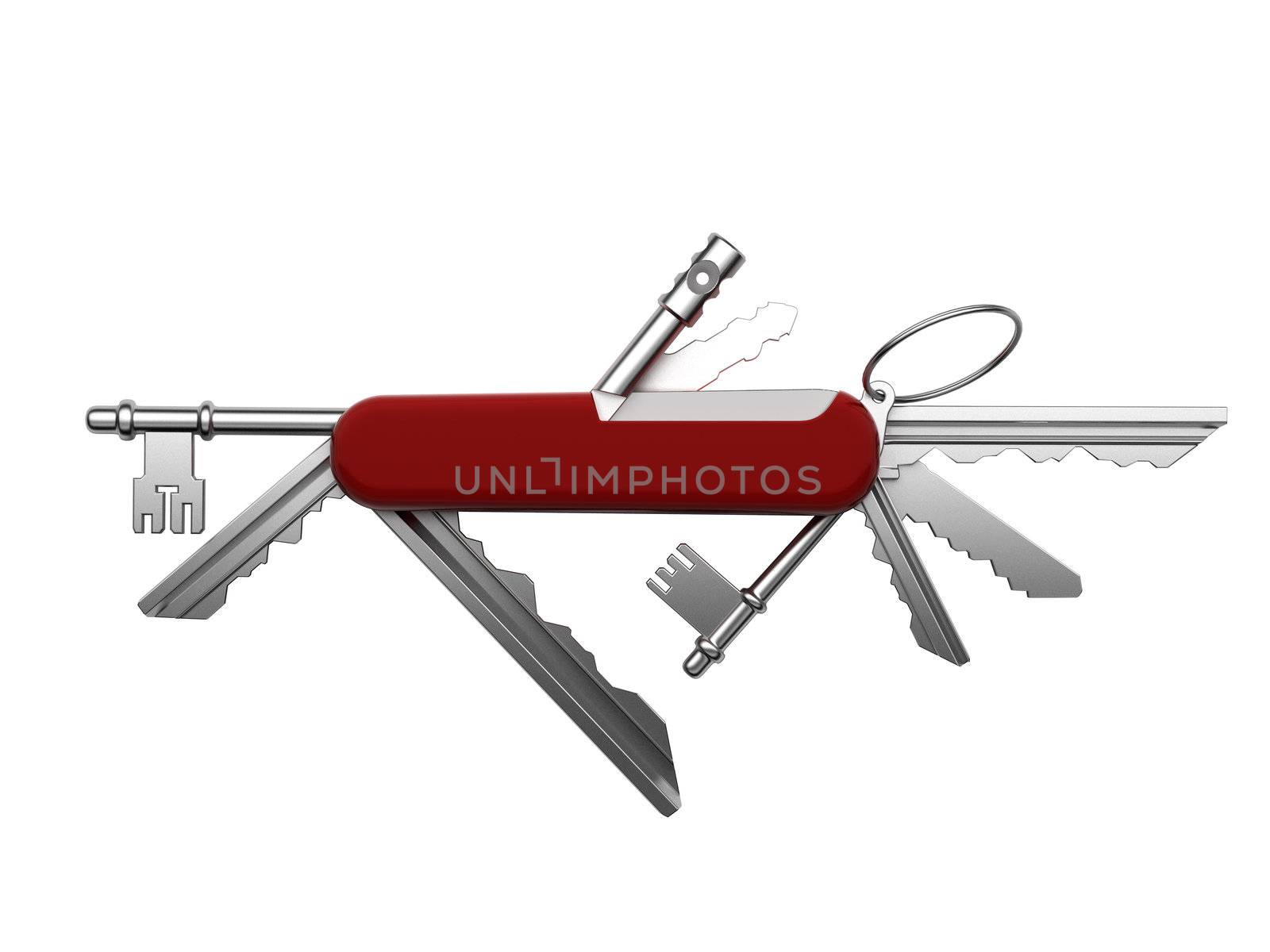 Creative metaphor of universal keys from the estate in a single tool based on the Swiss army pocket knife