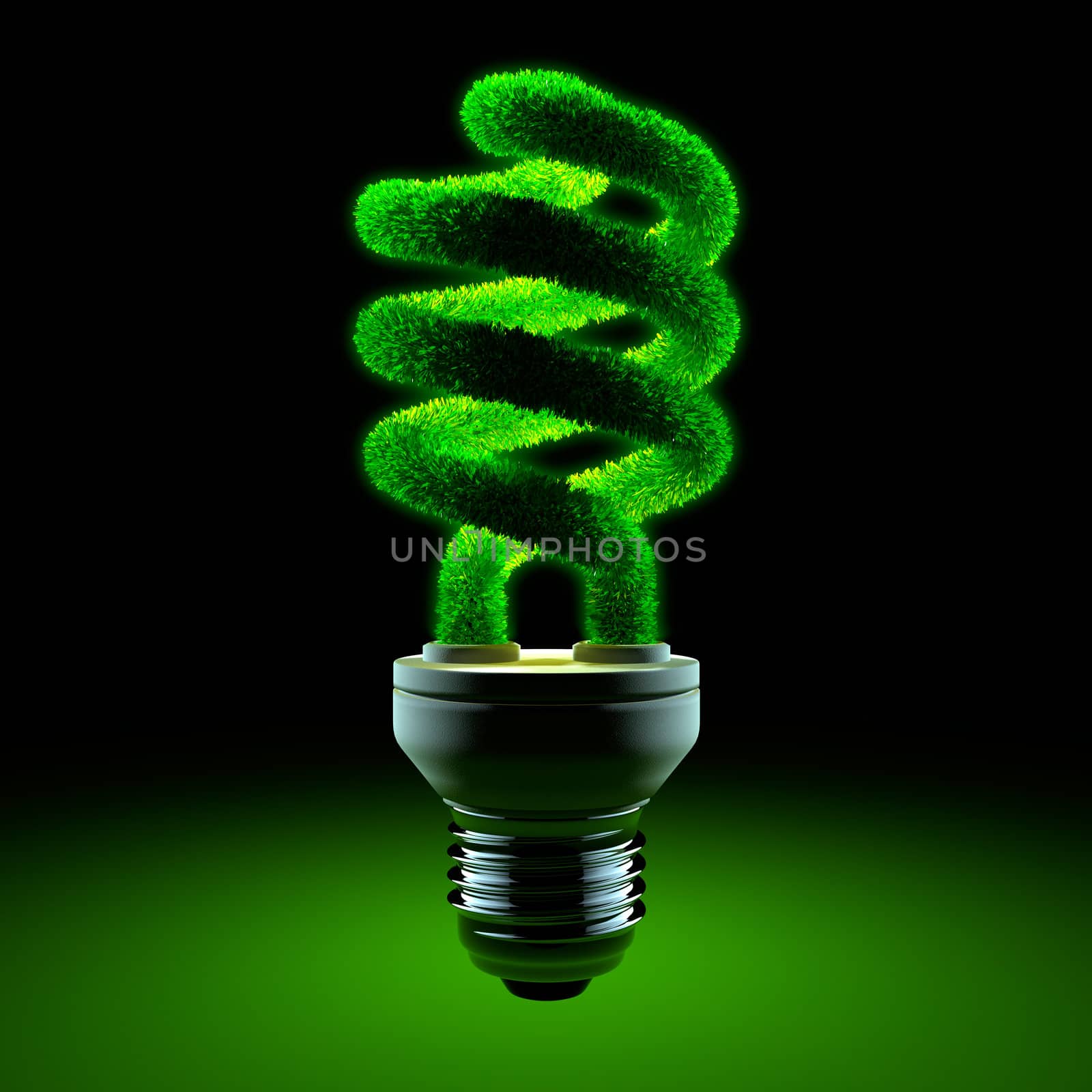 The metaphor of energy saving lamps - glass twisted tube is covered with grass, and shining in the darkness