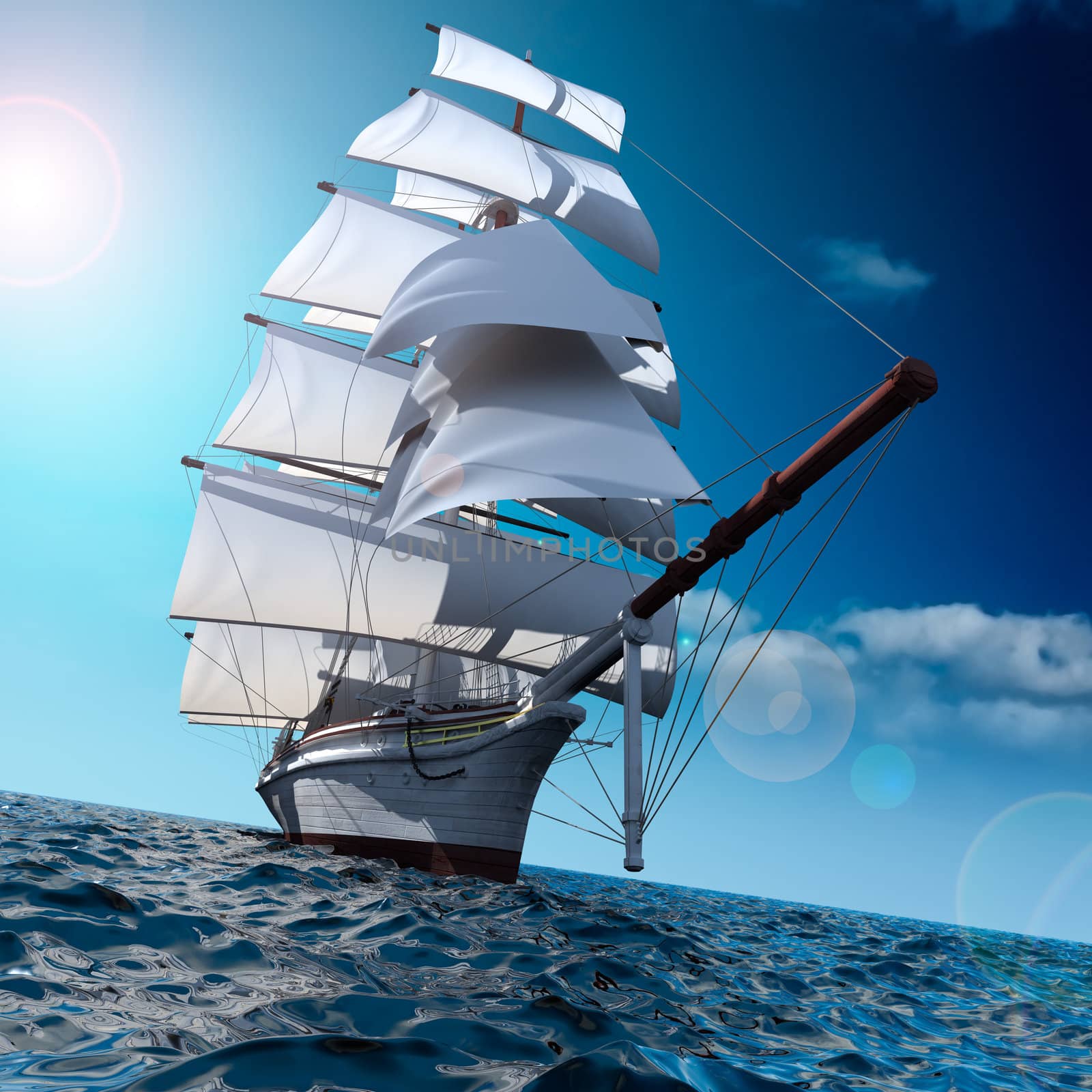 Sailing ship in the vast ocean with small waves is getting all the sails filled with sea breeze