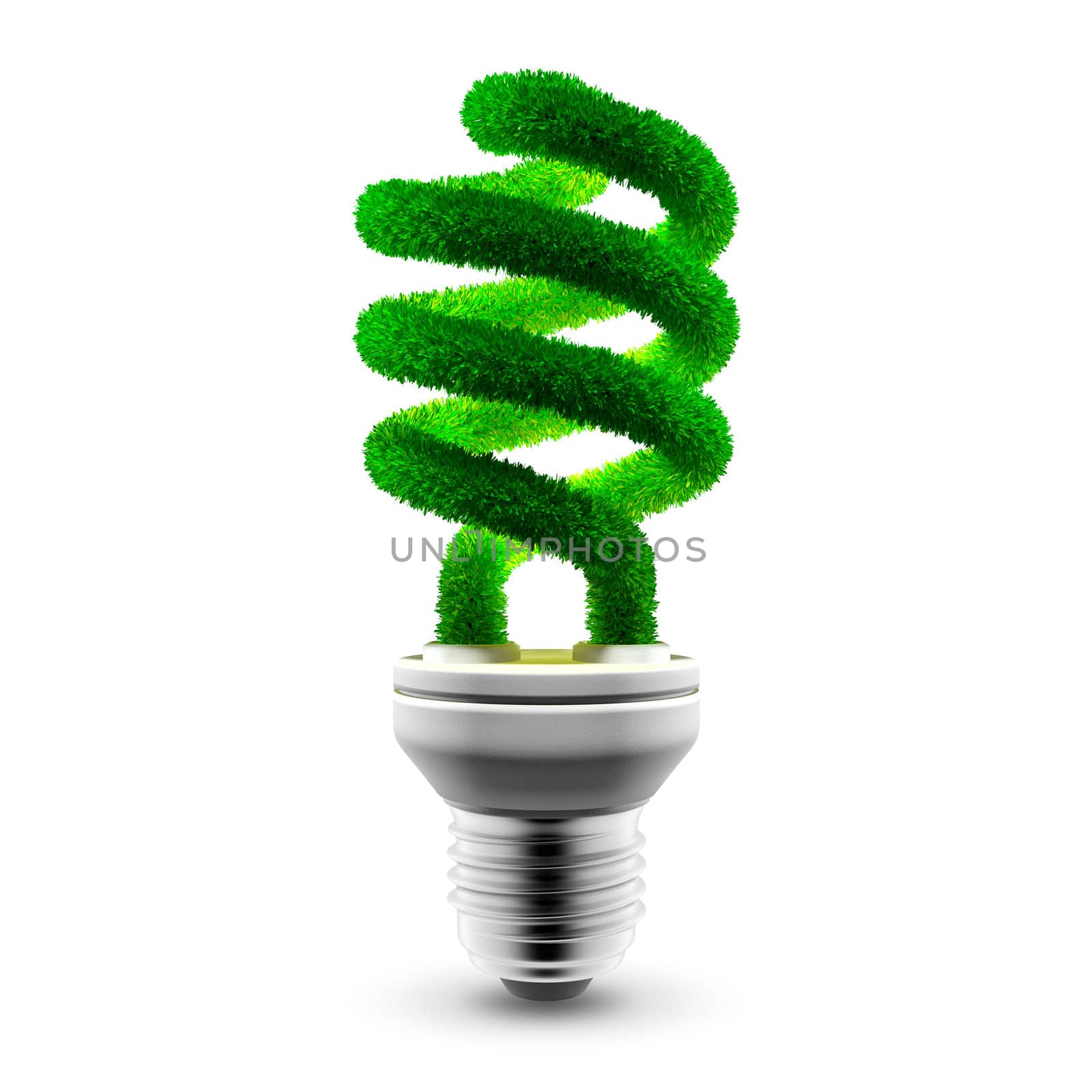 Conceptual energy saving lamp - glass spiral tube is covered with green grass