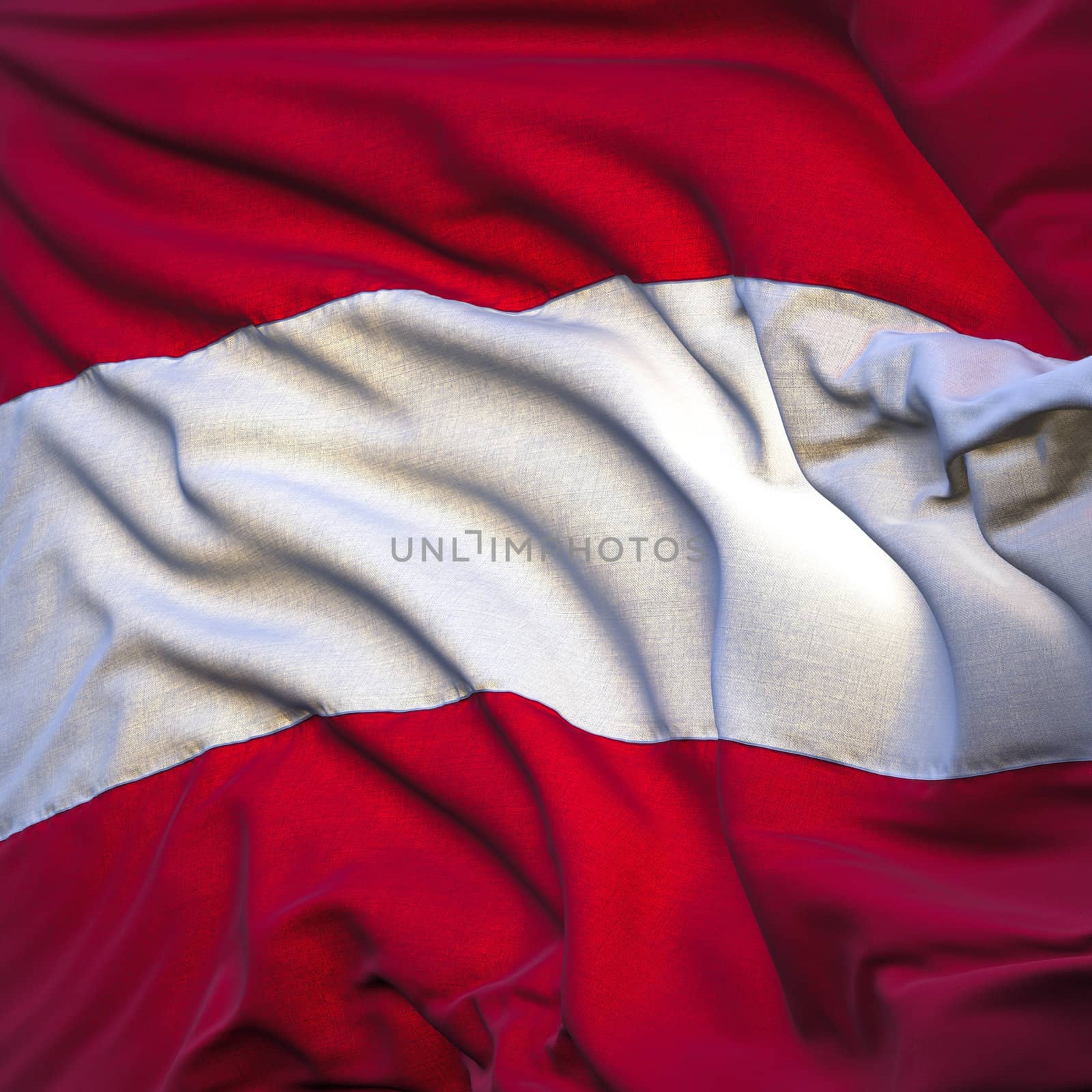 Flag of Austria, fluttering in the breeze, backlit rising sun. Sewn from pieces of cloth, a very realistic detailed state flag with the texture of fabric fluttering in the breeze, backlit by the rising sun light