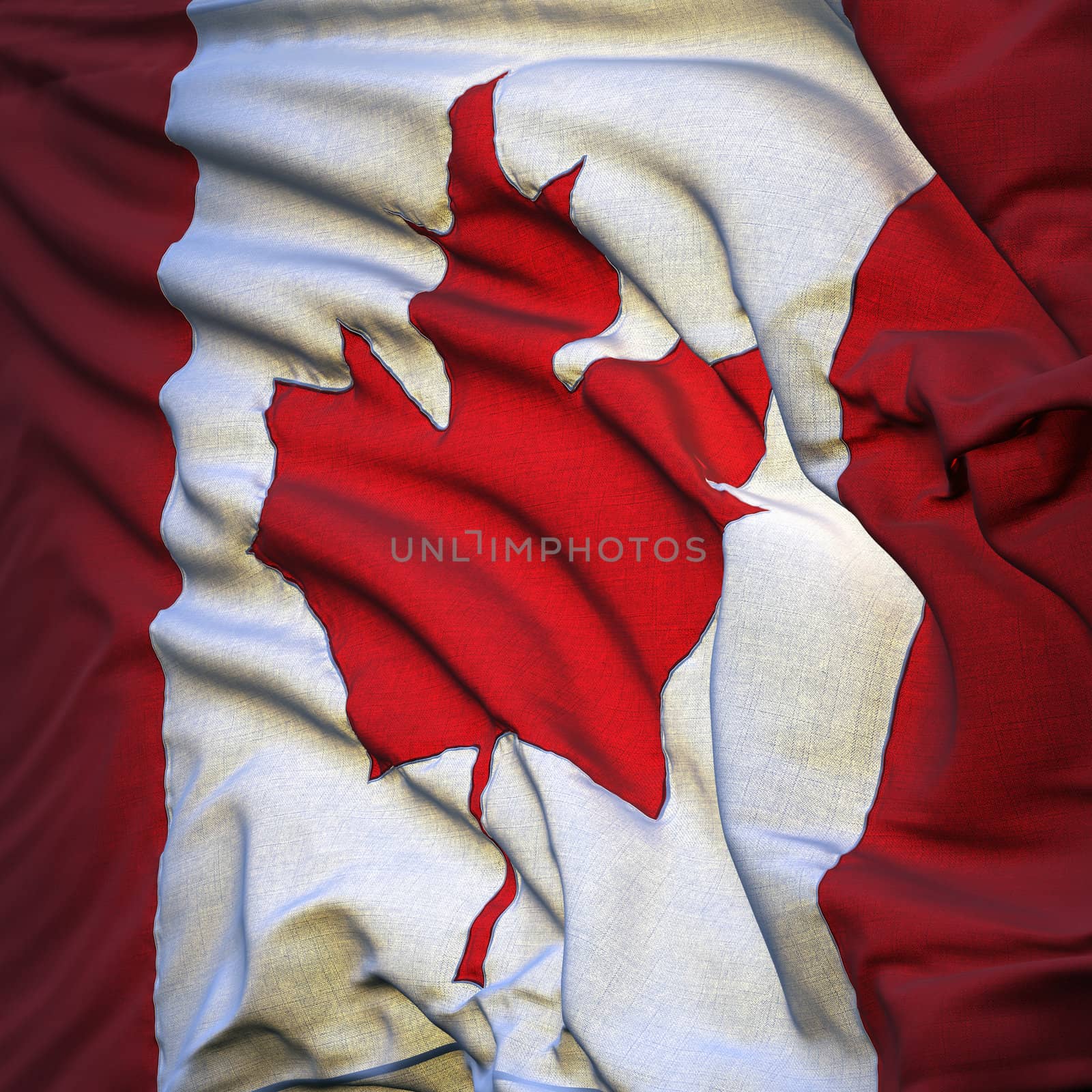 Flag of Canada, fluttering in the breeze, backlit rising sun. Sewn from pieces of cloth, a very realistic detailed state flag with the texture of fabric fluttering in the breeze, backlit by the rising sun light