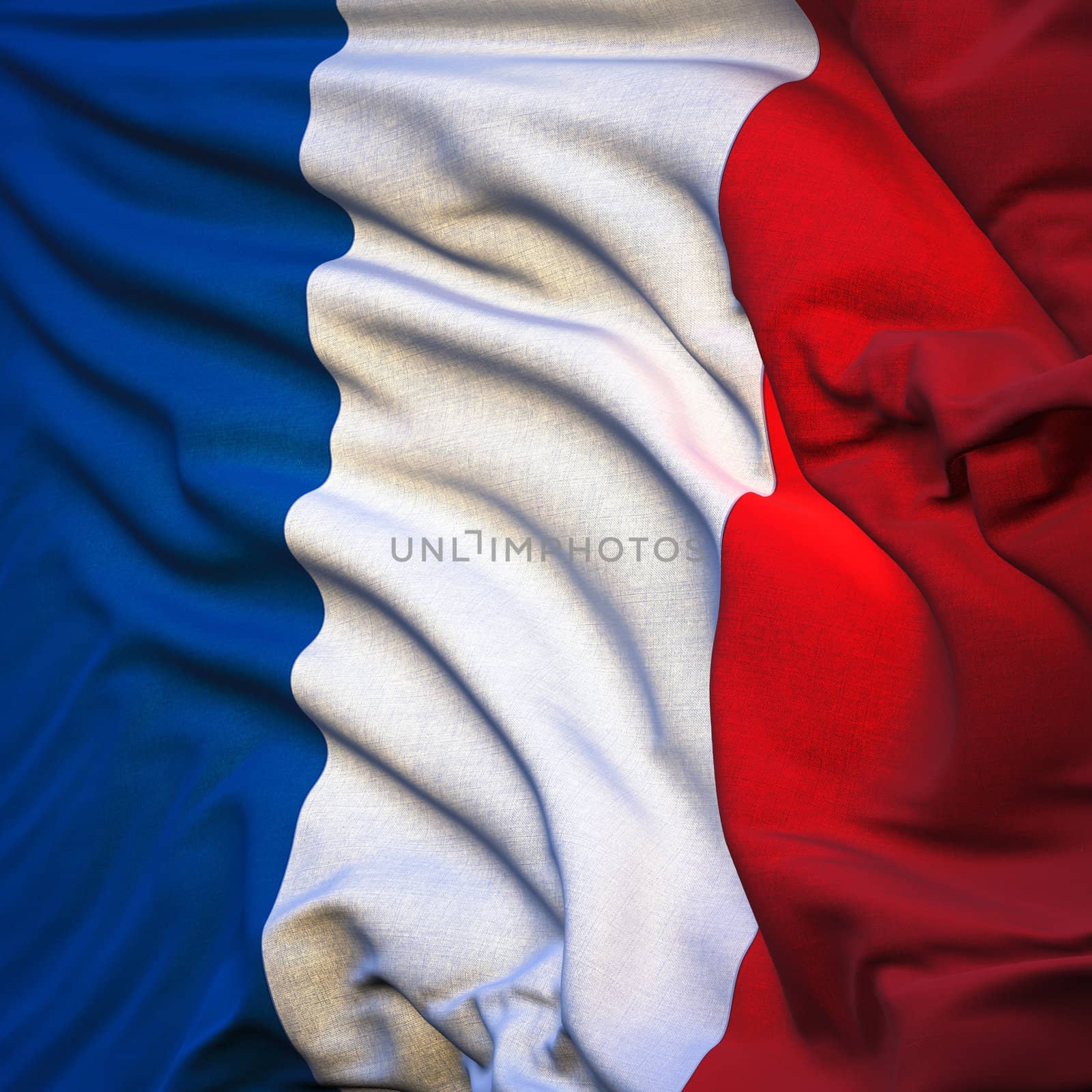 Flag of France, fluttering in the breeze, backlit rising sun. Sewn from pieces of cloth, a very realistic detailed state flag with the texture of fabric fluttering in the breeze, backlit by the rising sun light