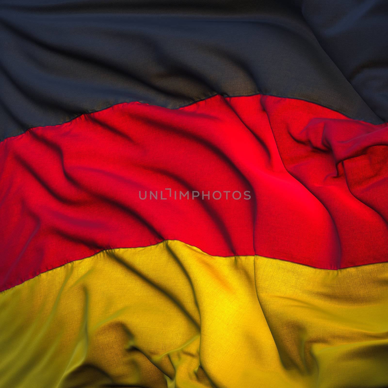 Flag of Germany, fluttering in the breeze, backlit rising sun. Sewn from pieces of cloth, a very realistic detailed state flag with the texture of fabric fluttering in the breeze, backlit by the rising sun light